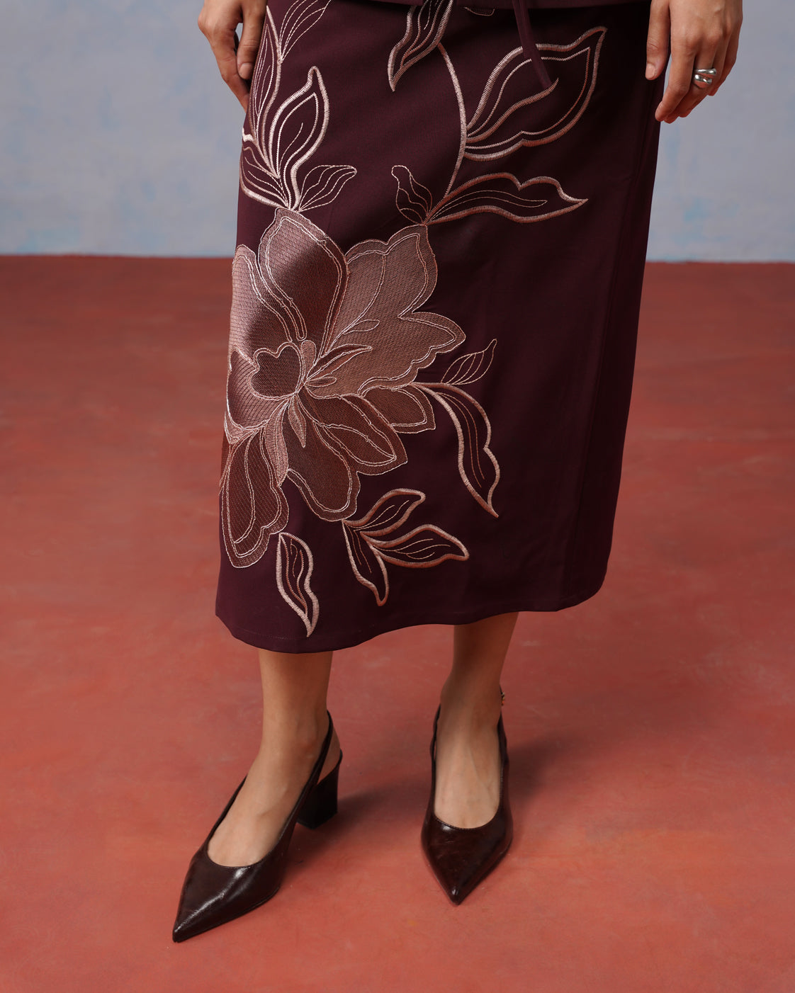 The Amara Burgundy Floral Embroidered Tie-Front Blazer & Skirt Set