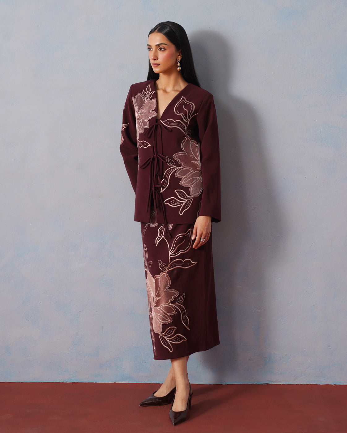 The Amara Burgundy Floral Embroidered Tie-Front Blazer & Skirt Set