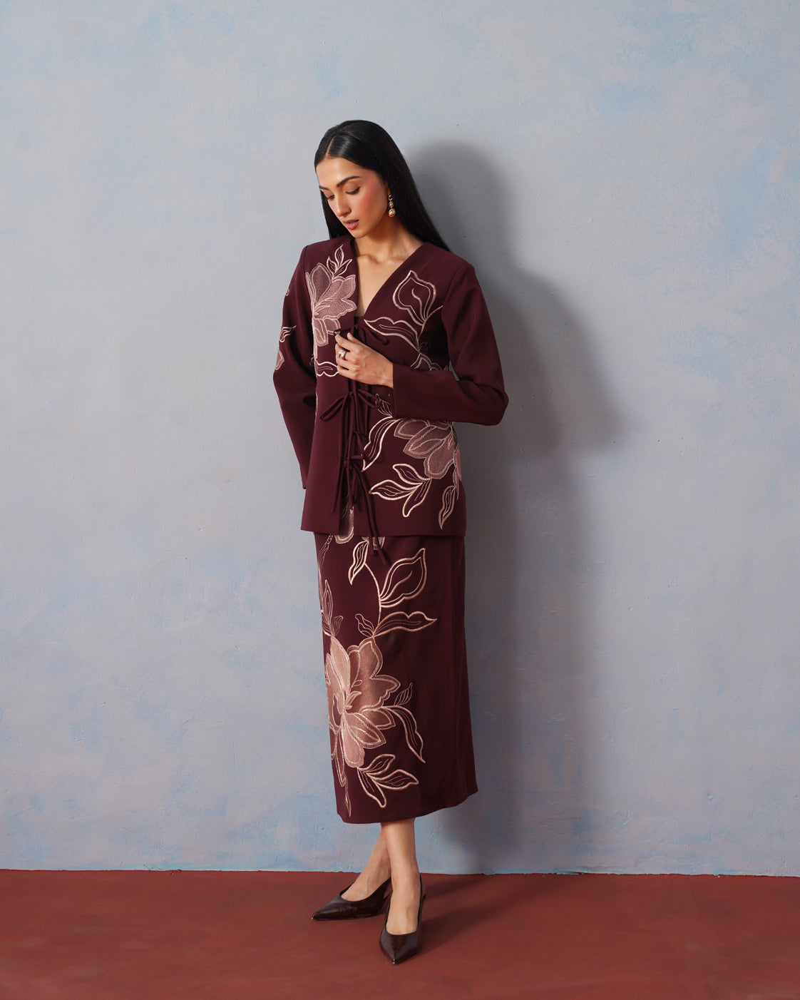 The Amara Burgundy Floral Embroidered Tie-Front Blazer & Skirt Set