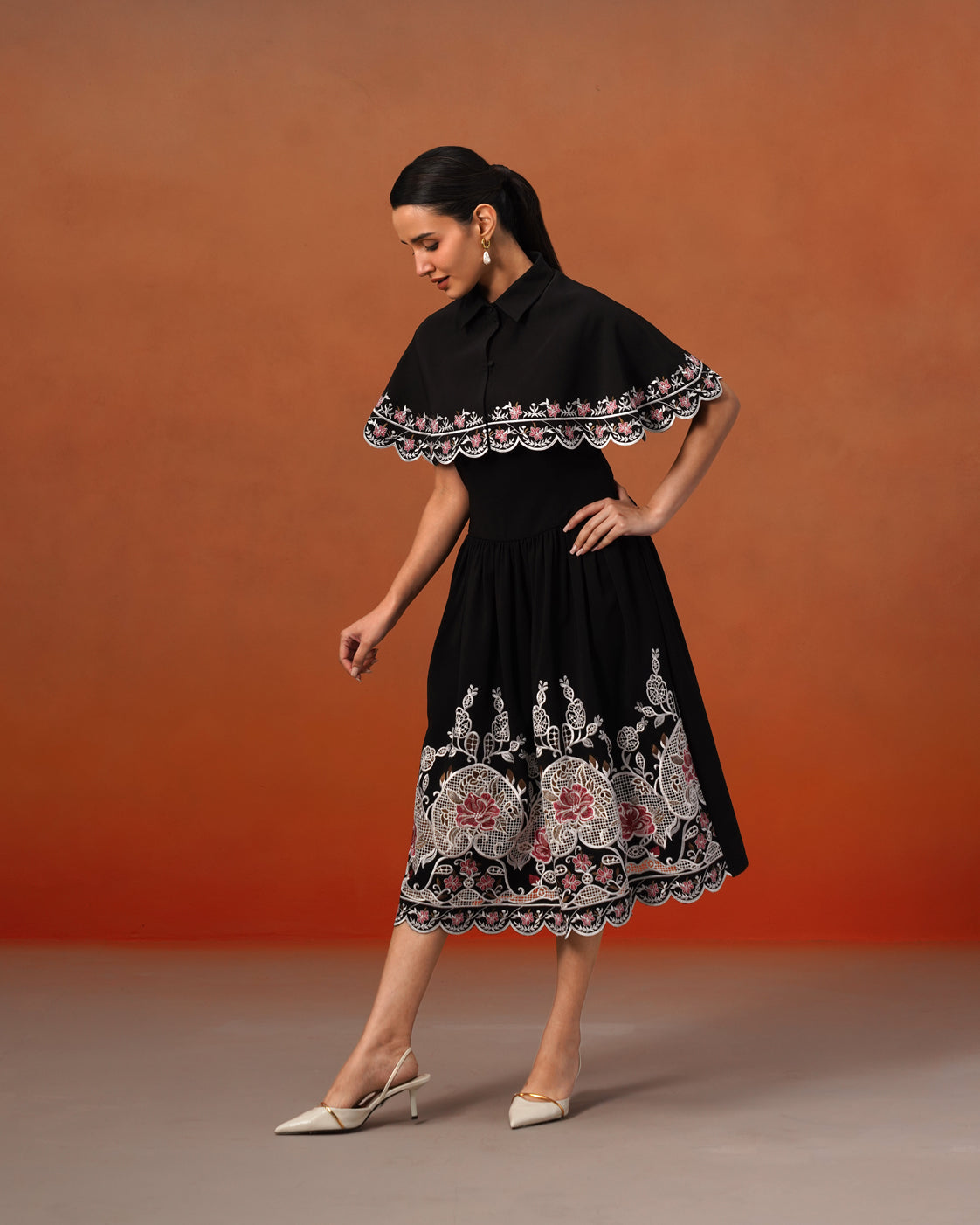 The Lumière Edit - The Elara Black Embroidered Cape & Midi Dress Set