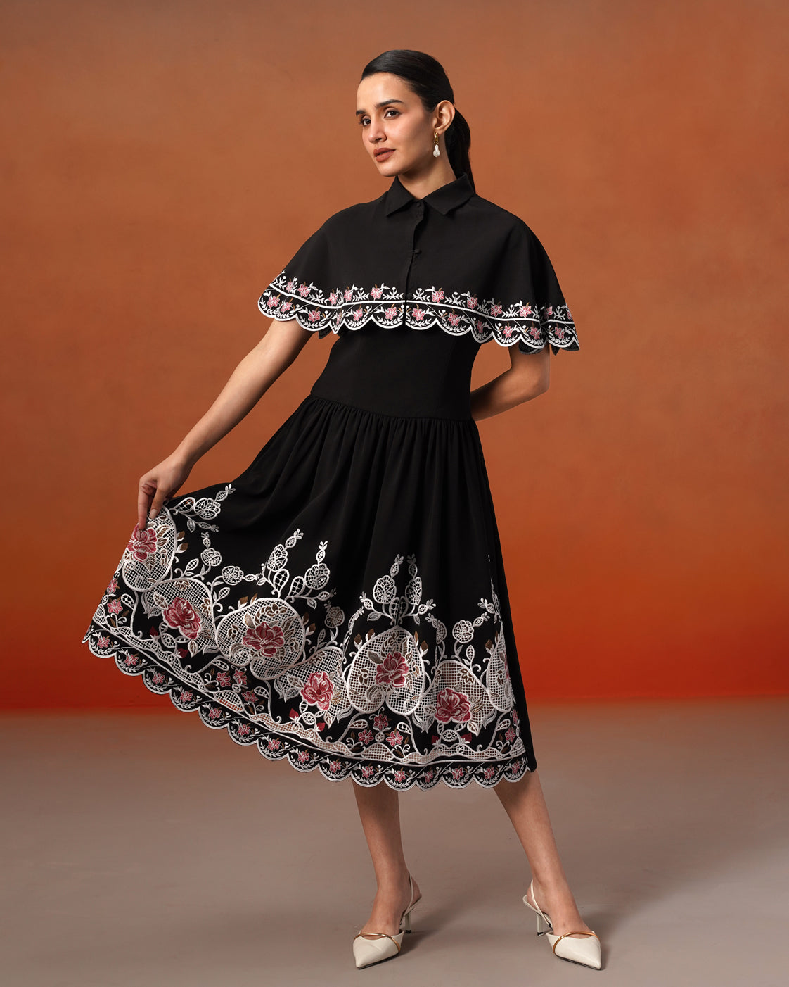 The Elara Black Embroidered Cape & Midi Dress Set