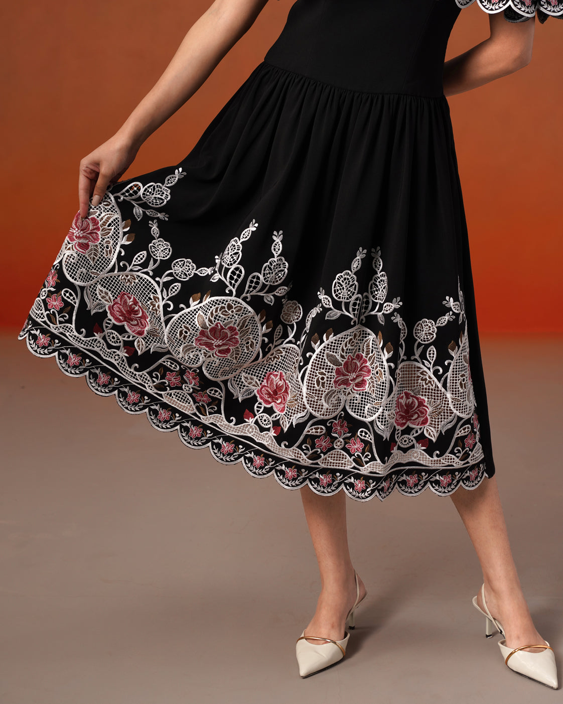 The Lumière Edit - The Elara Black Embroidered Cape & Midi Dress Set
