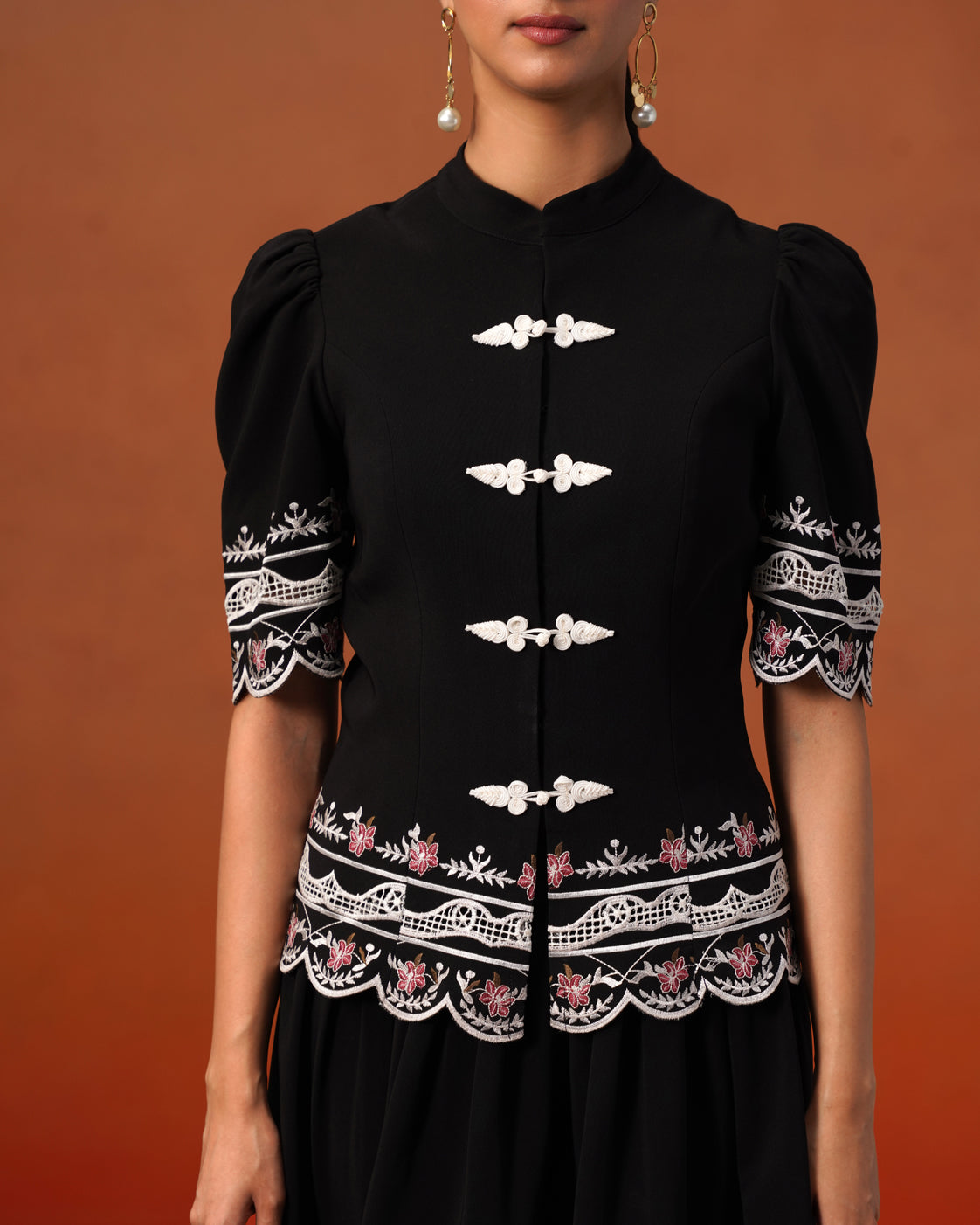 The Lumière Edit - The Lyra Black Floral Embroidered Mandarin Collar Top & Midi Skirt Set
