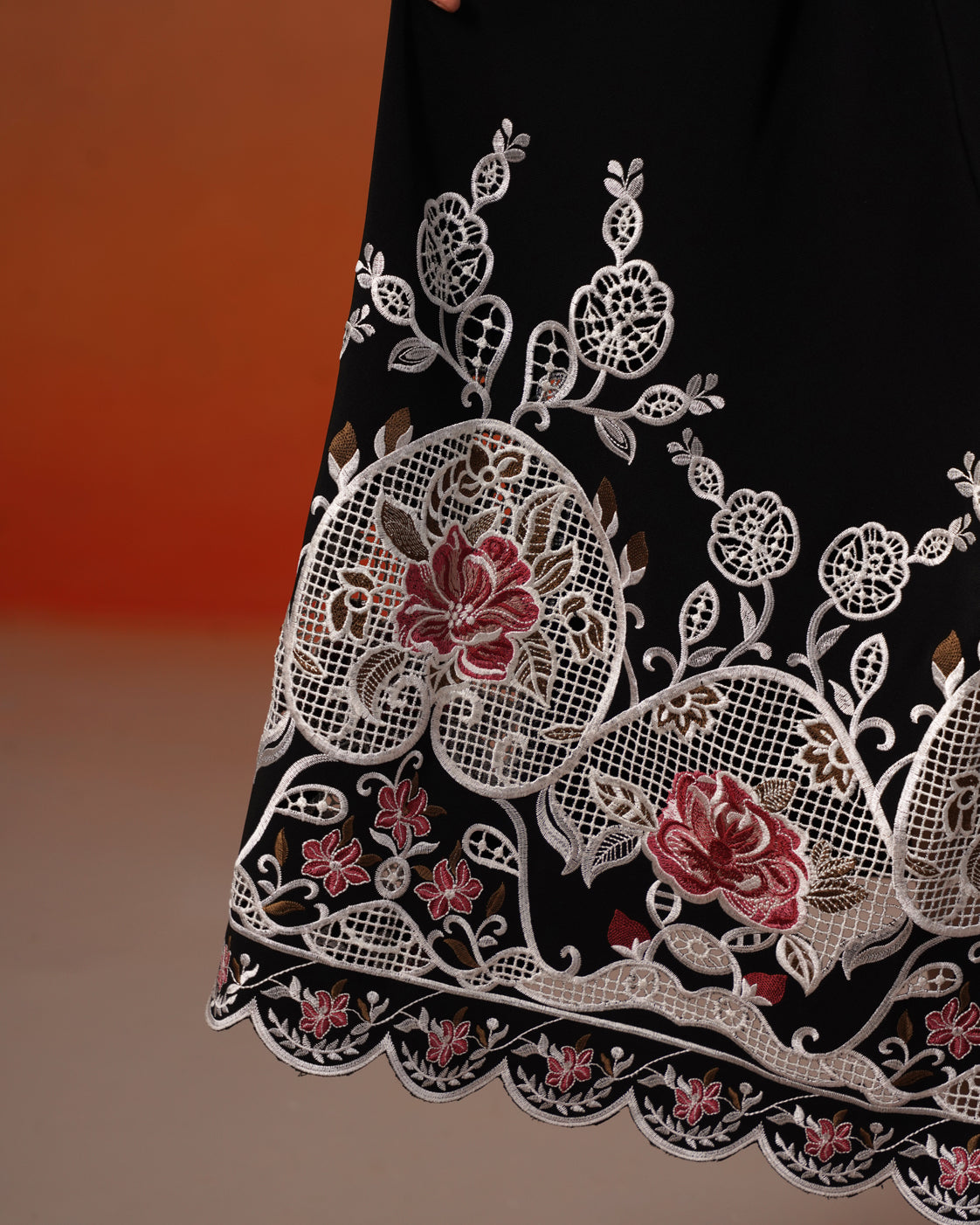 The Lumière Edit - The Lyra Black Floral Embroidered Mandarin Collar Top & Midi Skirt Set