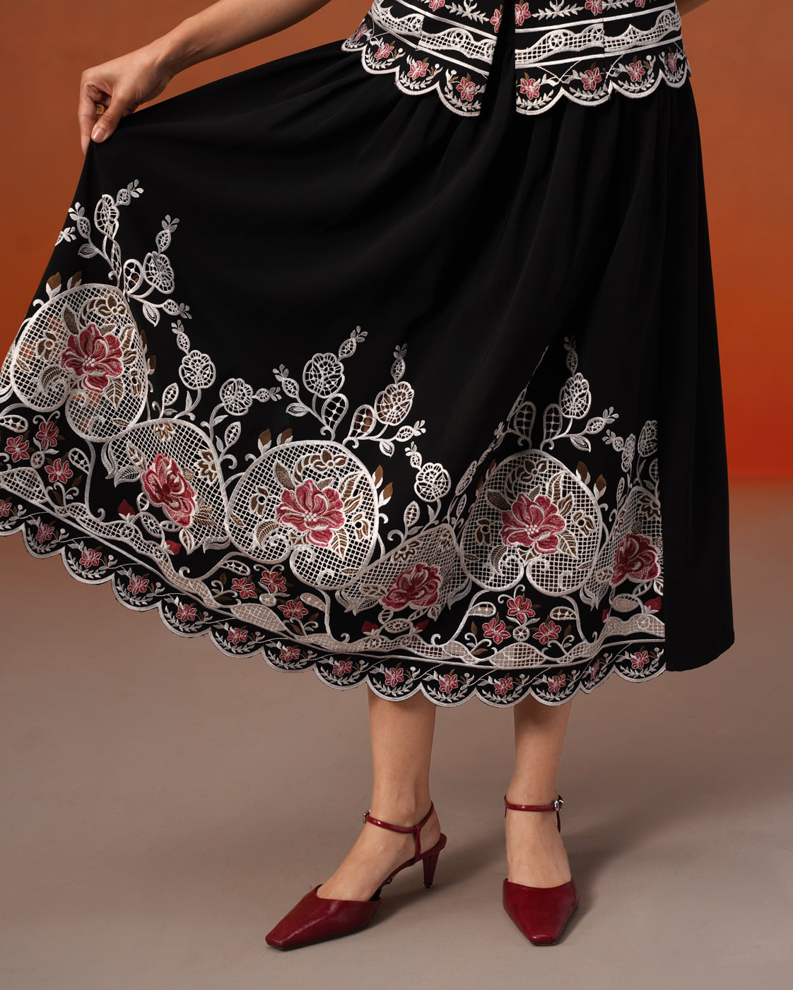 The Lumière Edit - The Lyra Black Floral Embroidered Mandarin Collar Top & Midi Skirt Set
