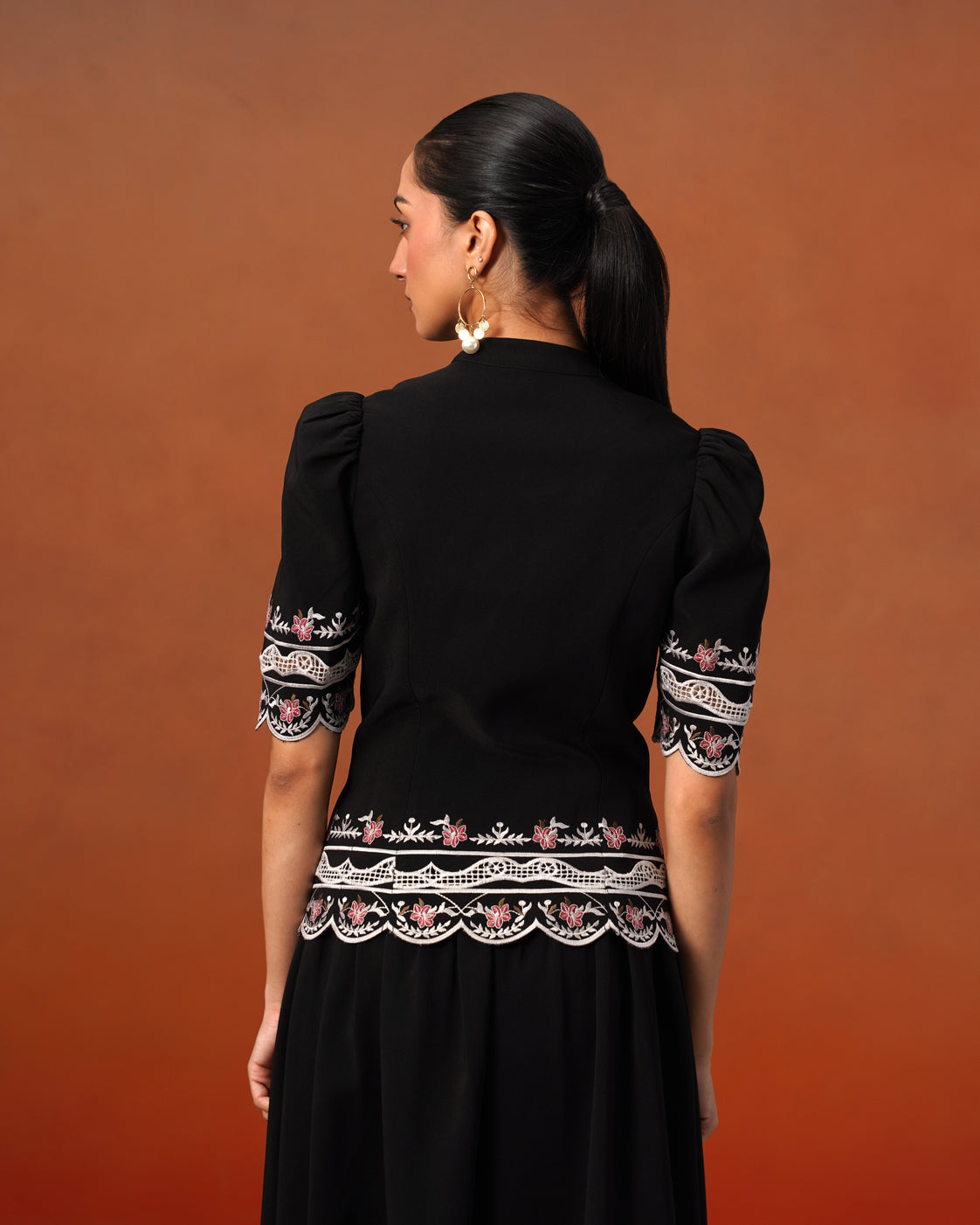 The Lumière Edit - The Lyra Black Floral Embroidered Mandarin Collar Top & Midi Skirt Set