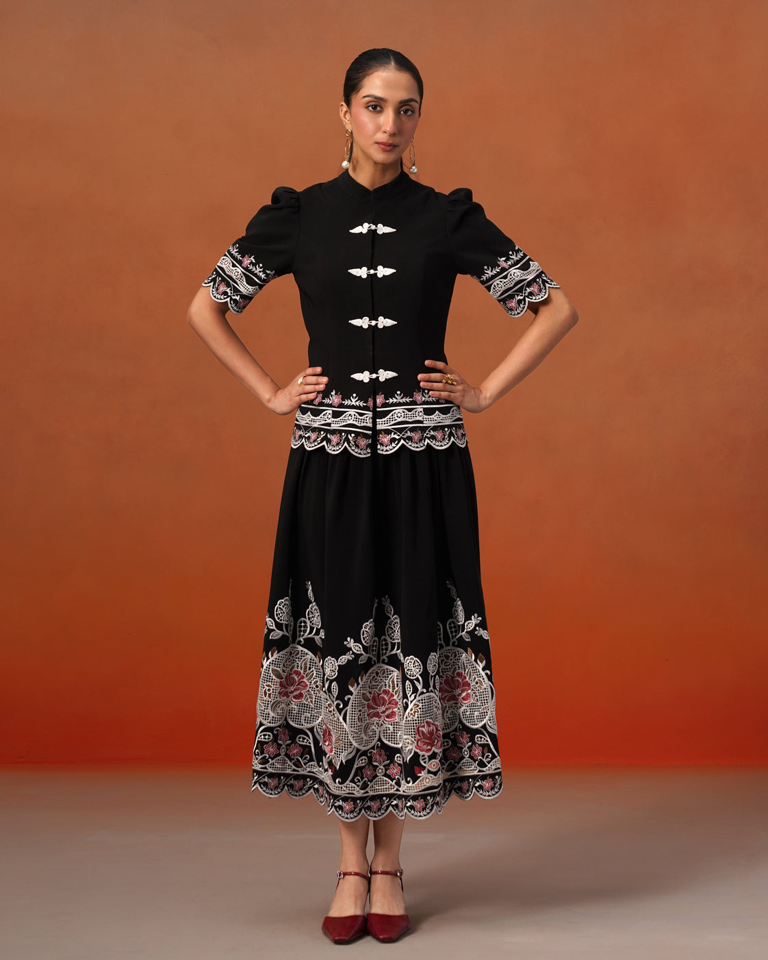 The Lumière Edit - The Lyra Black Floral Embroidered Mandarin Collar Top & Midi Skirt Set