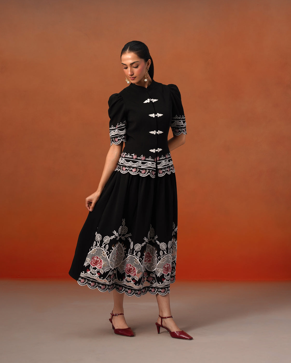 The Lumière Edit - The Lyra Black Floral Embroidered Mandarin Collar Top & Midi Skirt Set