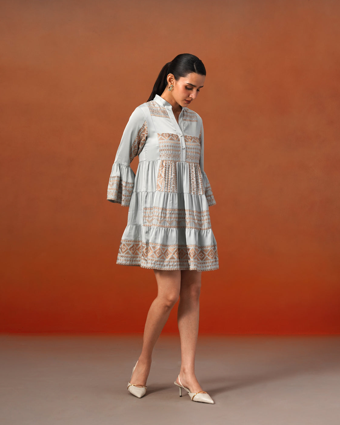 The Lumière Edit - The Elara Mist Blue Embroidered Tiered Dress
