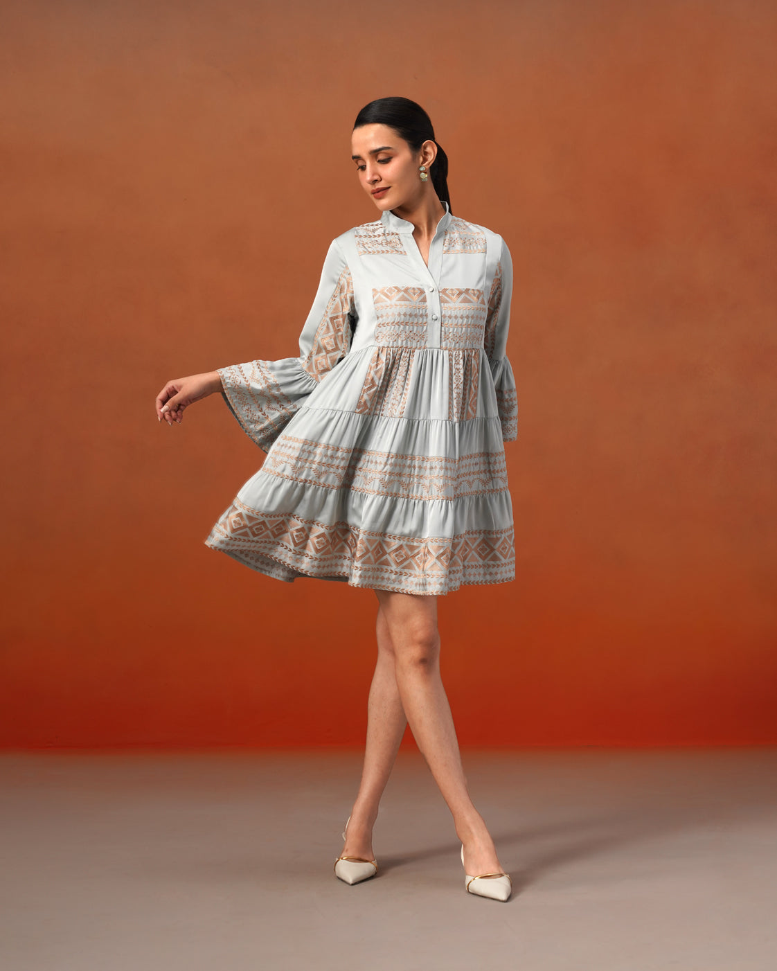 The Lumière Edit - The Elara Mist Blue Embroidered Tiered Dress