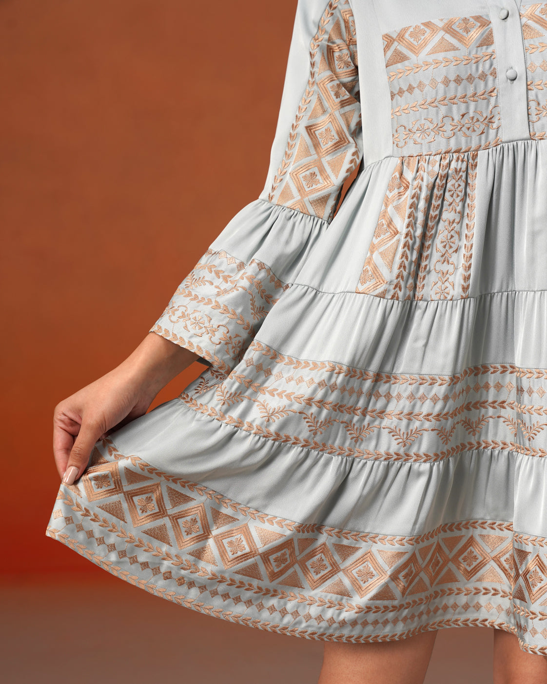 The Lumière Edit - The Elara Mist Blue Embroidered Tiered Dress
