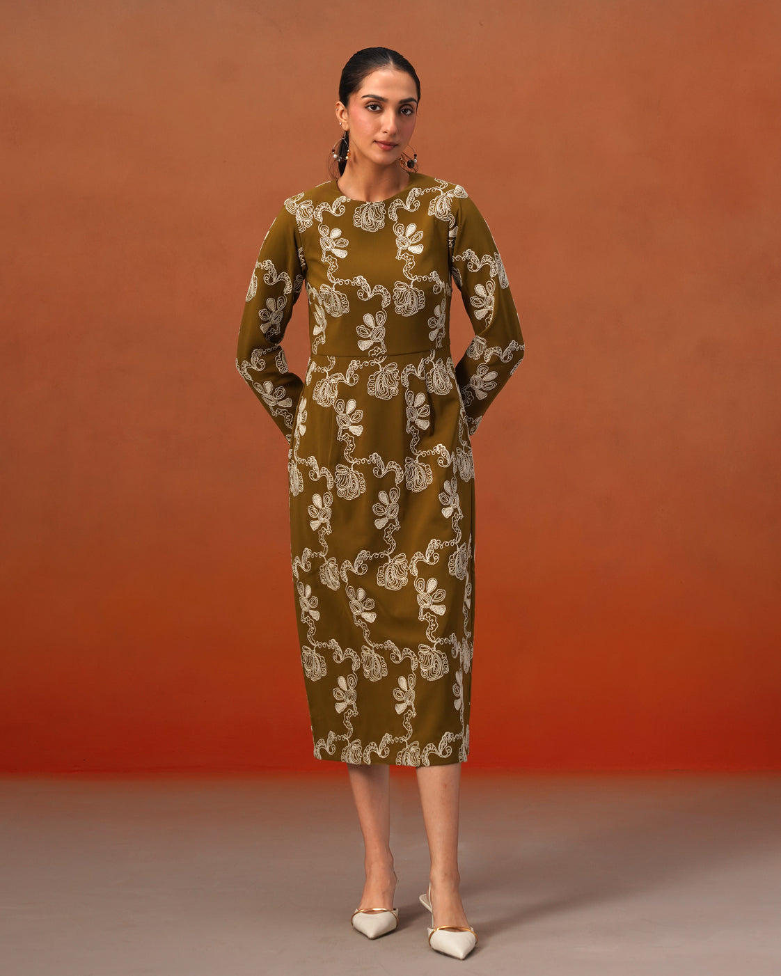 The Lumière Edit - The Amara Olive Embroidered Sheath Dress