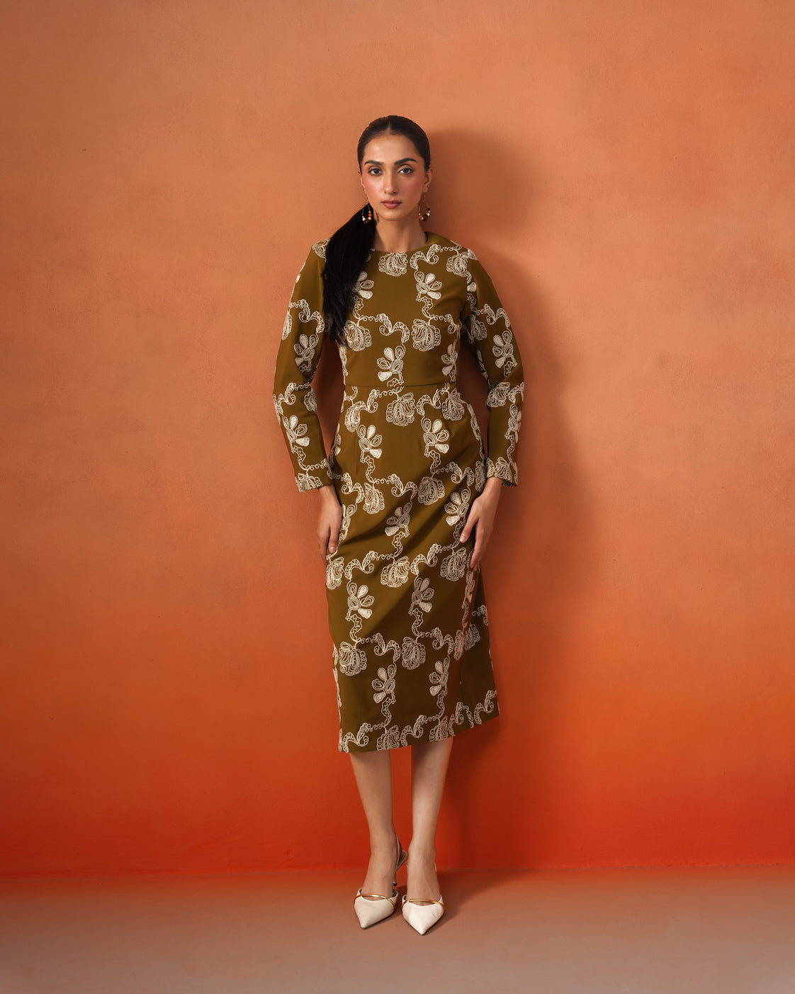 The Lumière Edit - The Amara Olive Embroidered Sheath Dress