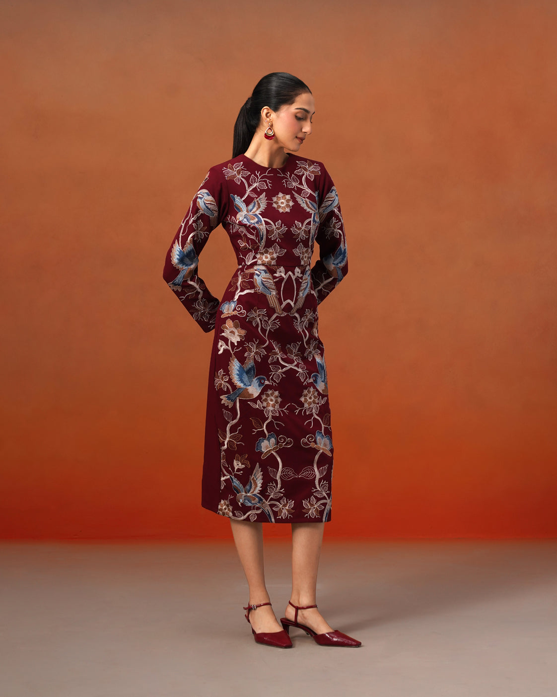 The Lumière Edit - The Valentina Burgundy Embroidered Avian Sheath Dress
