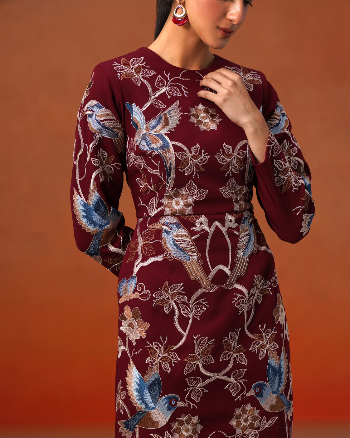 The Lumière Edit - The Valentina Burgundy Embroidered Avian Sheath Dress