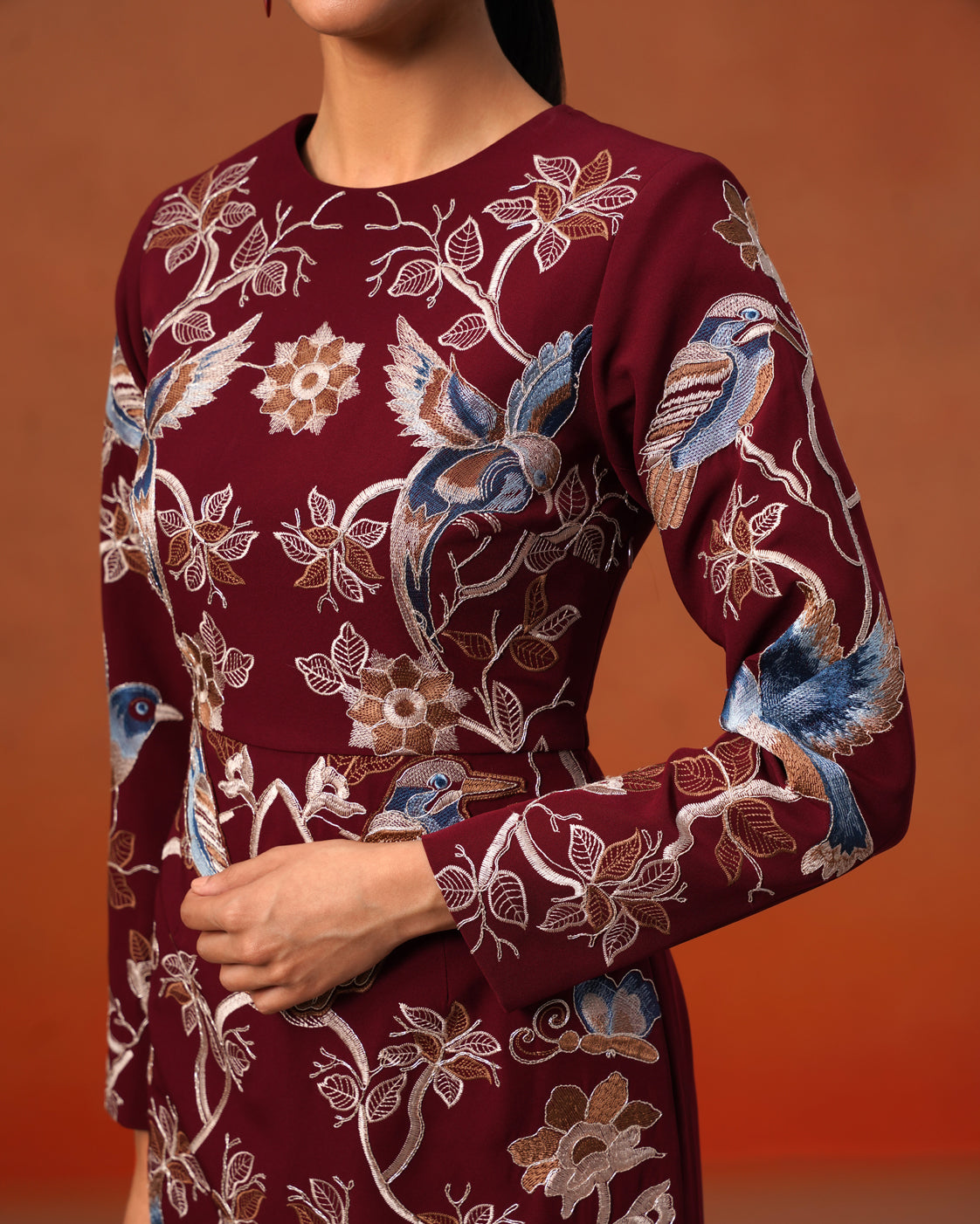 The Lumière Edit - The Valentina Burgundy Embroidered Avian Sheath Dress