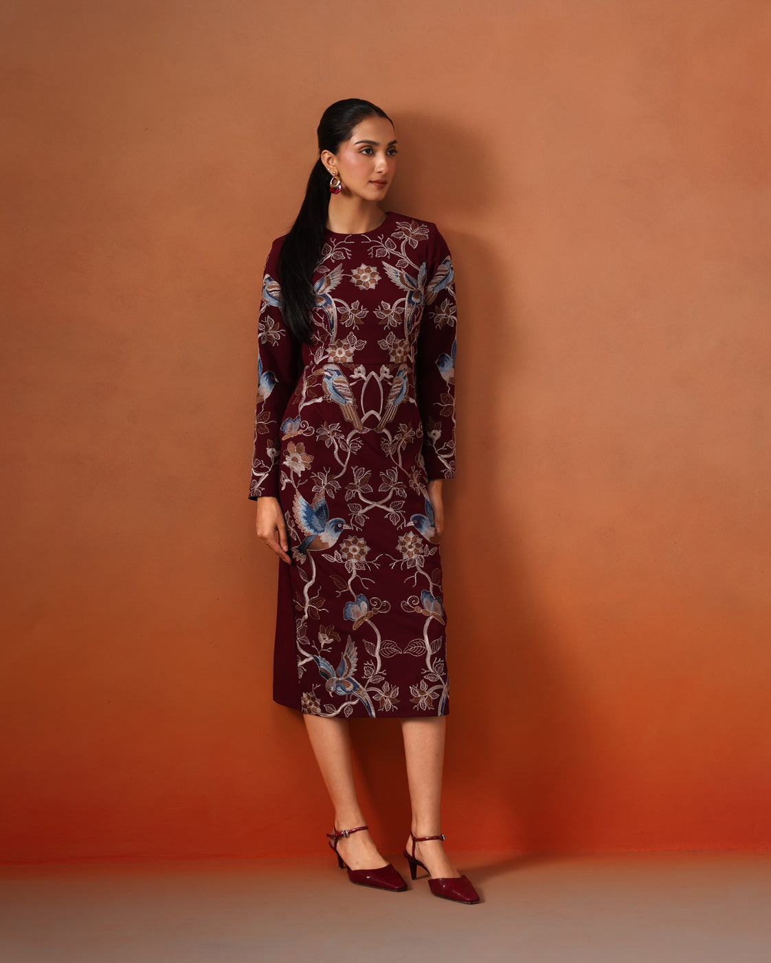 The Lumière Edit - The Valentina Burgundy Embroidered Avian Sheath Dress