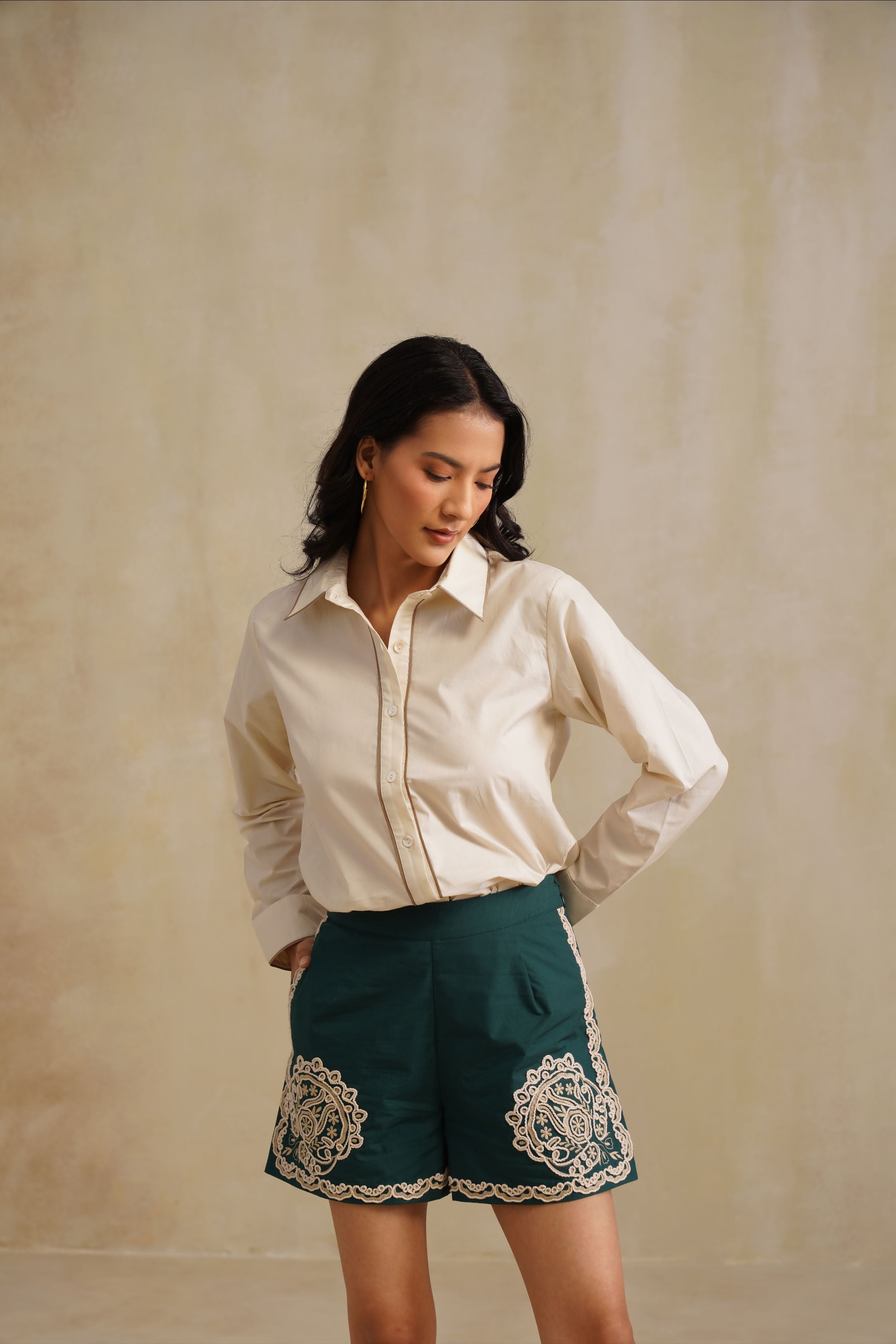 Cream Shirt  And Deep Green Embroidered Shorts Set
