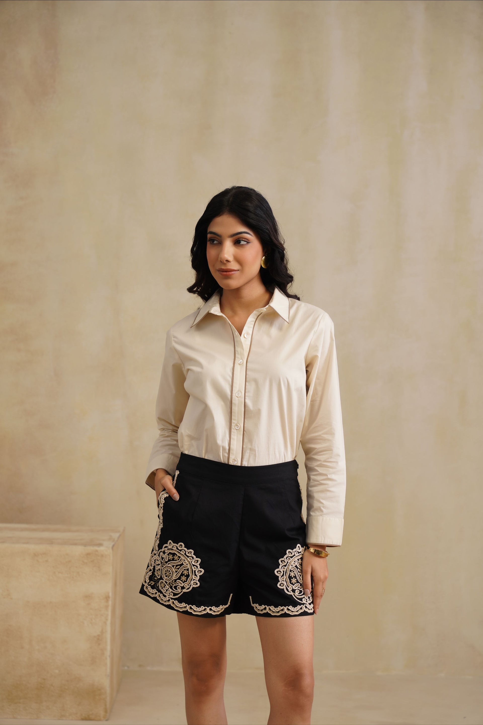 Cream Shirt And Black Embroidered Shorts Set