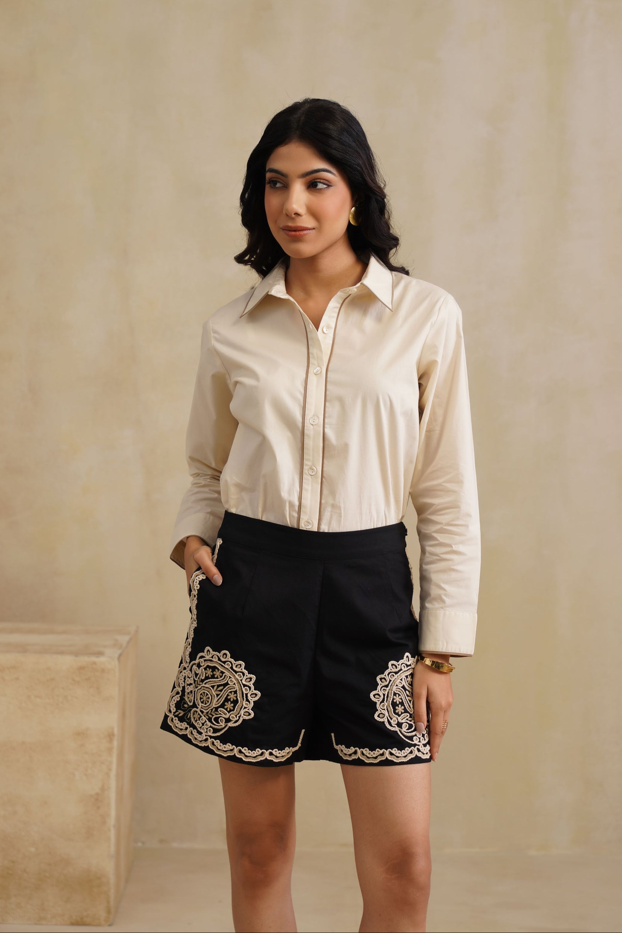 Cream Shirt And Black Embroidered Shorts Set