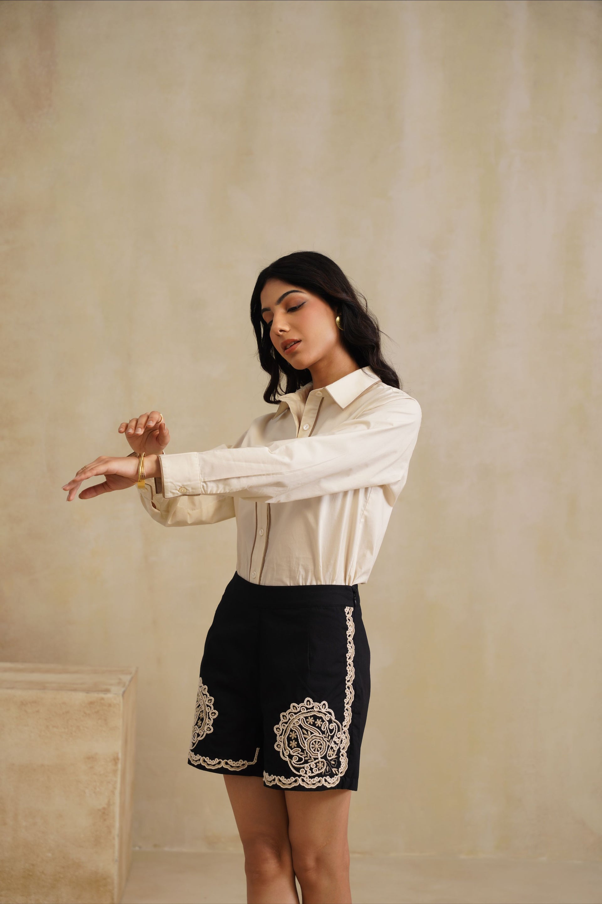 Cream Shirt And Black Embroidered Shorts Set