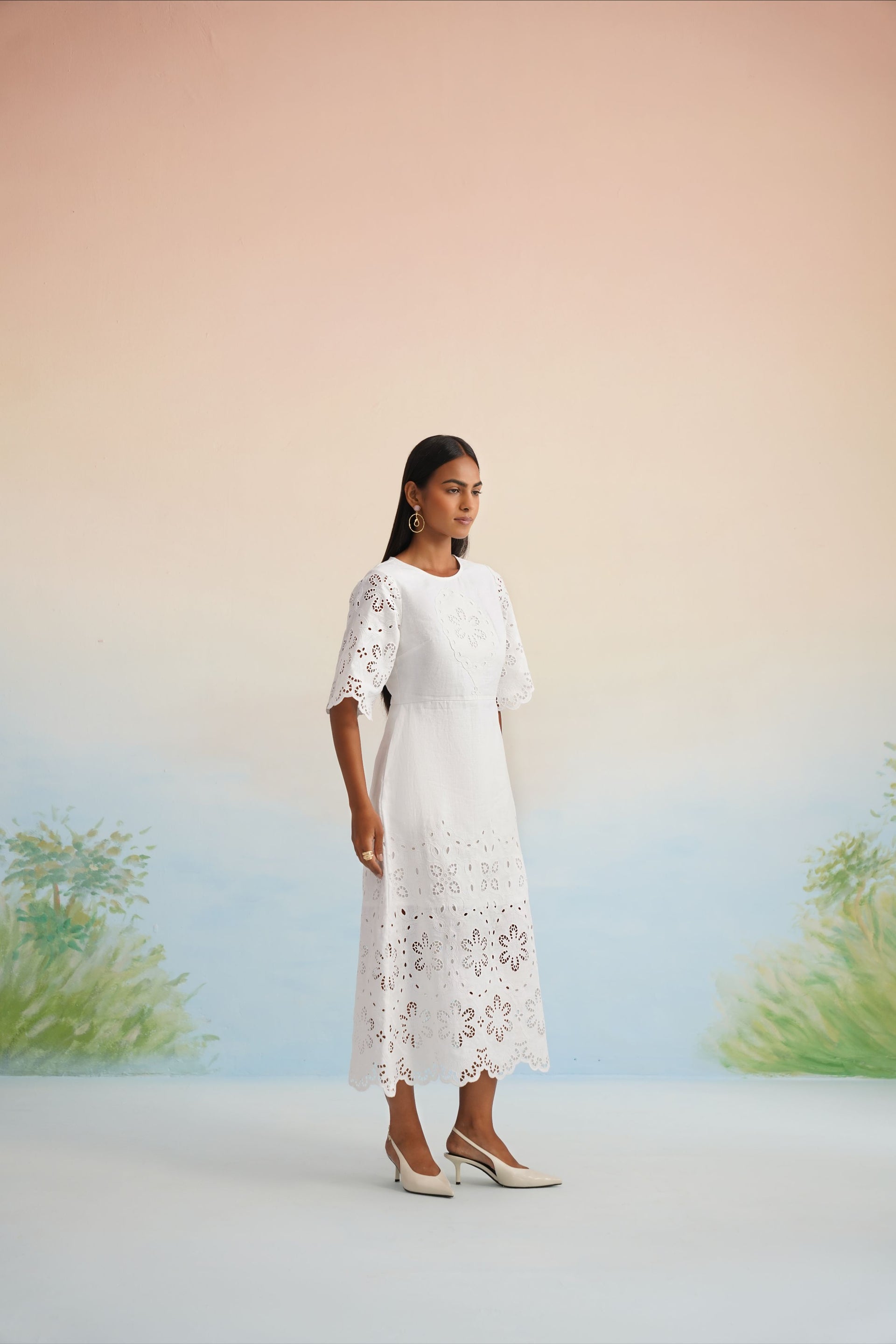 The Jasmine Blossom White Eyelet Midi Dress