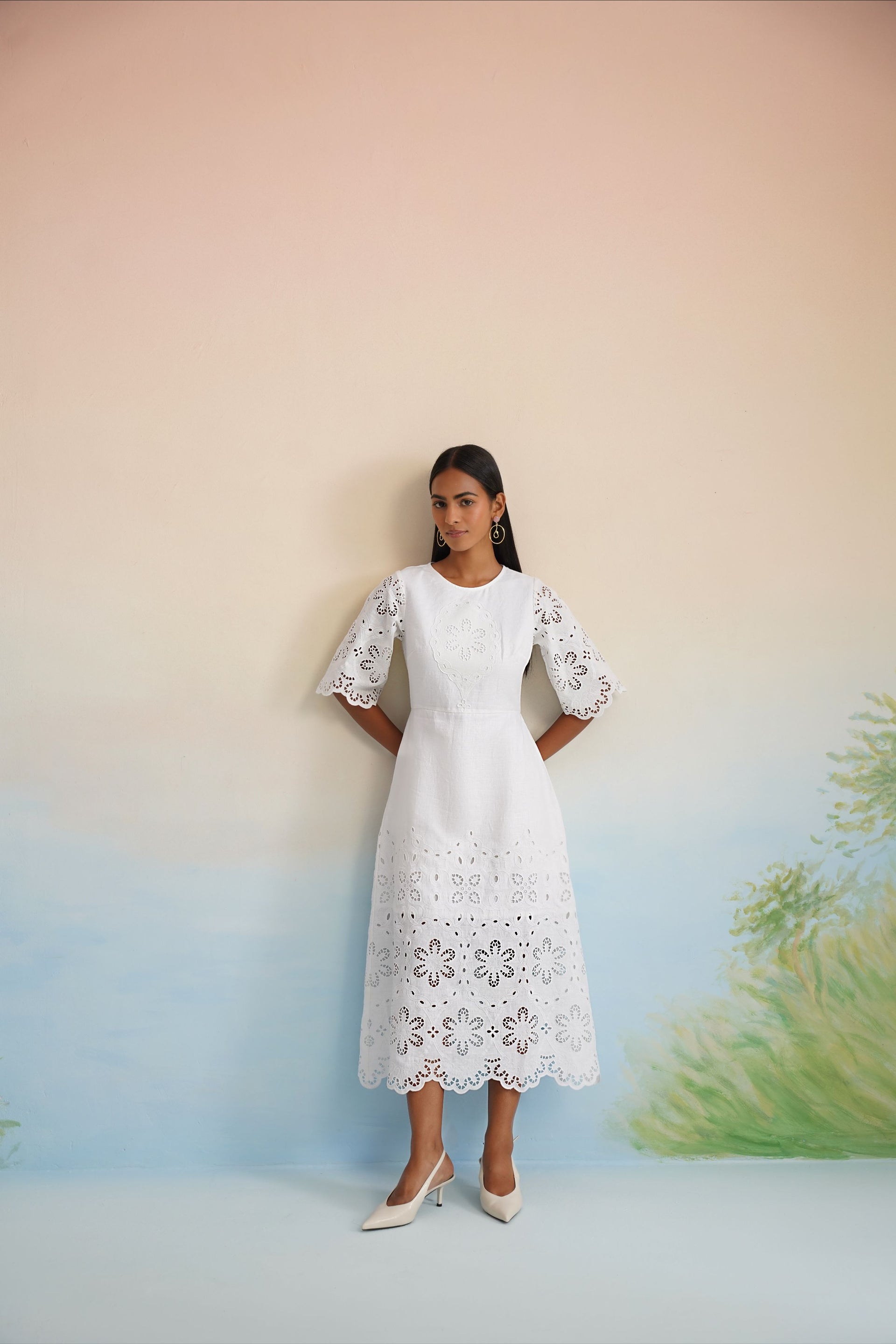 The Jasmine Blossom White Eyelet Midi Dress