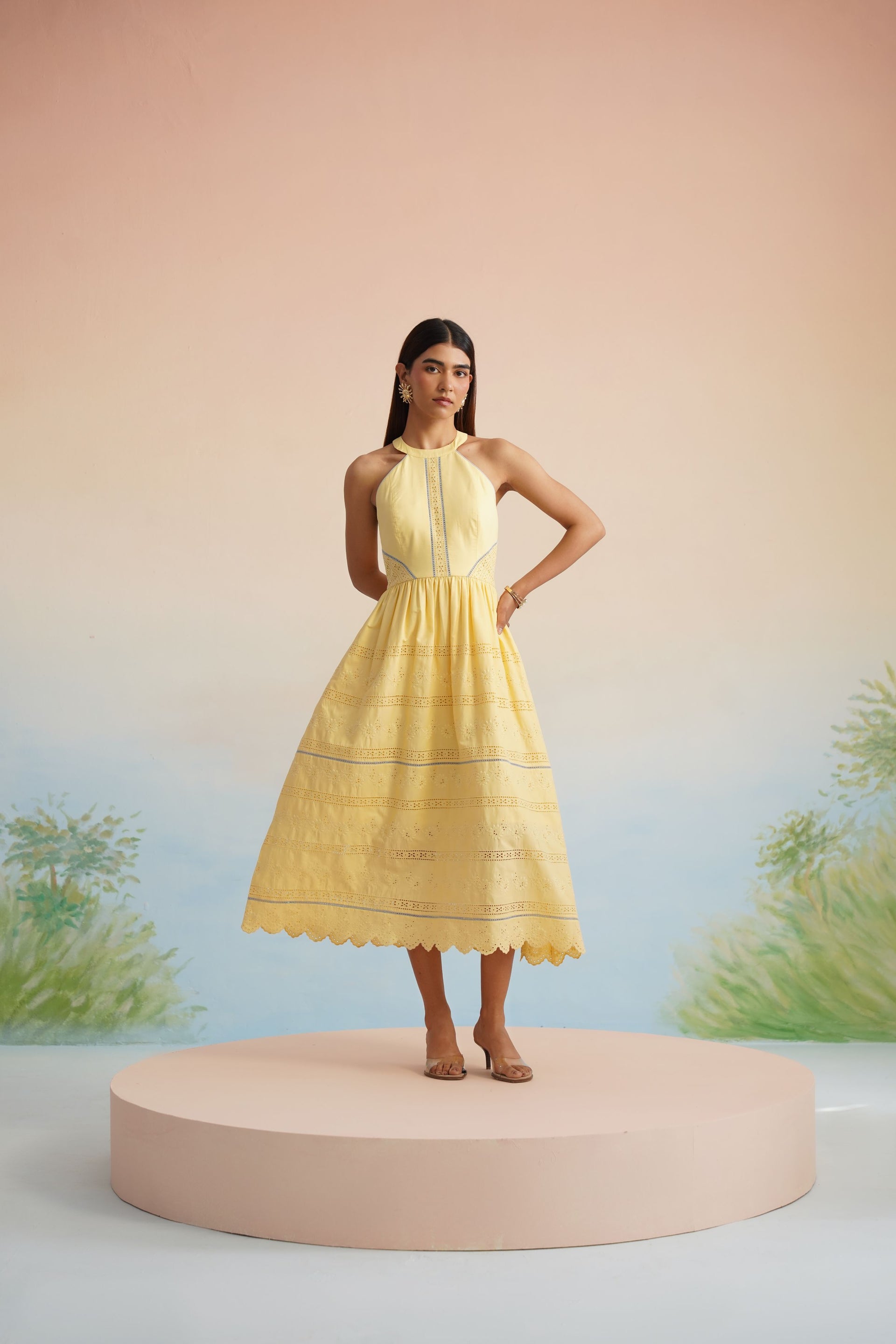 The Bulevar Yellow Eyelet Halter Midi Dress