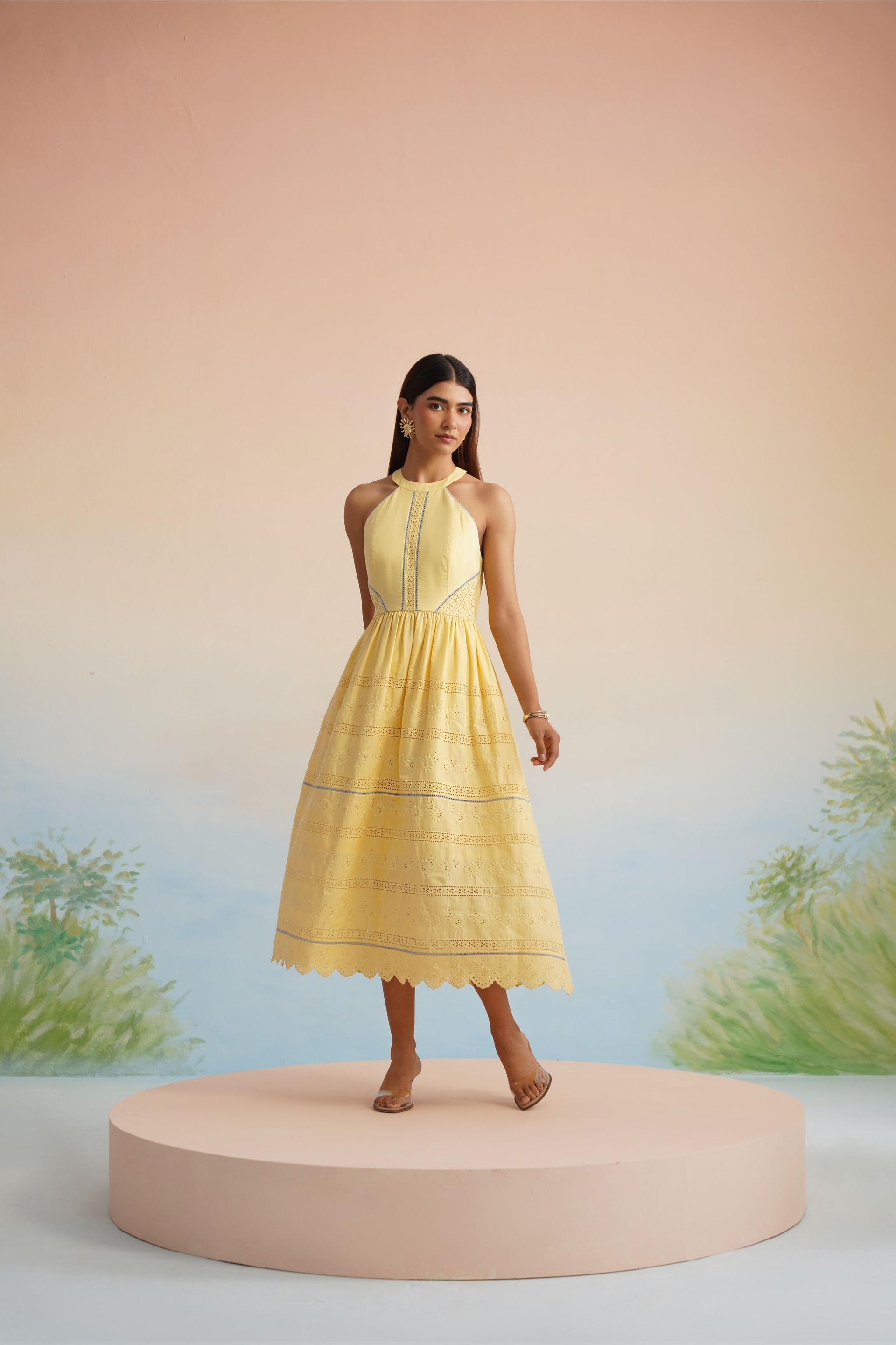 The Bulevar Yellow Eyelet Halter Midi Dress