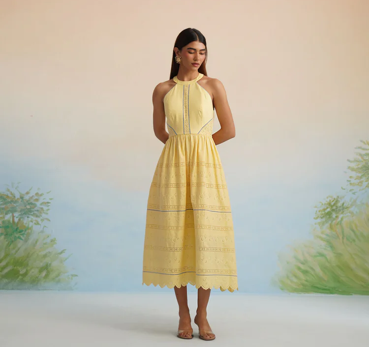 The Bulevar Yellow Eyelet Halter Midi Dress