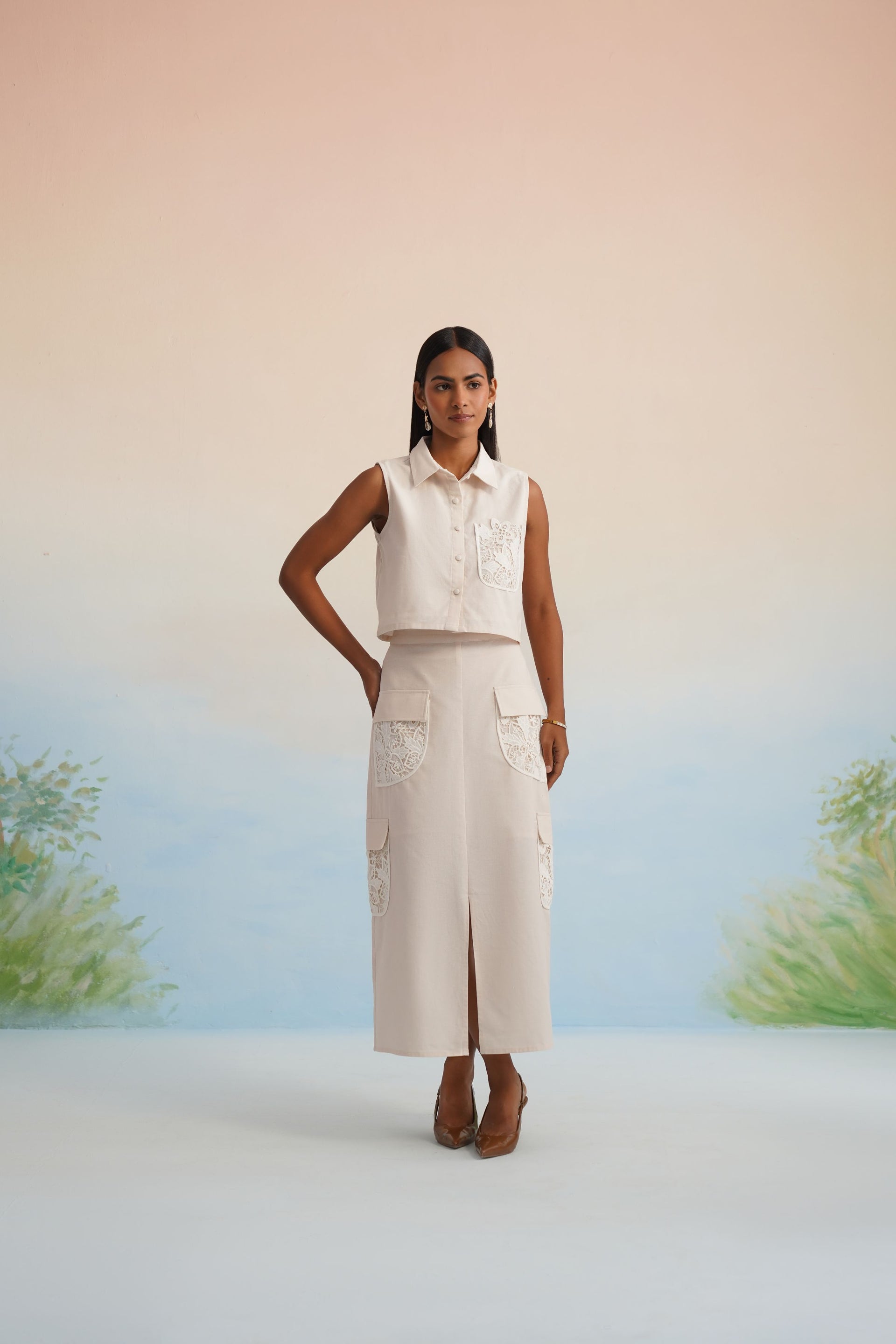 The Oasis Ivory Lace-Detailed Cargo Skirt Set