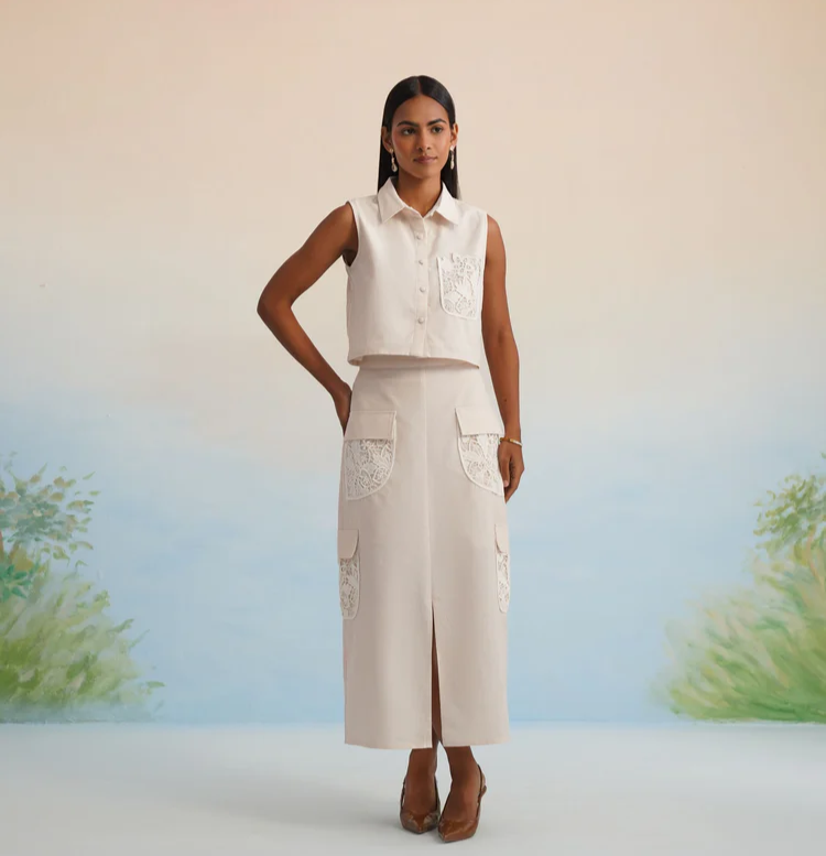 Bulevar Blossom - The Oasis Ivory Lace-Detailed Cargo Skirt Set