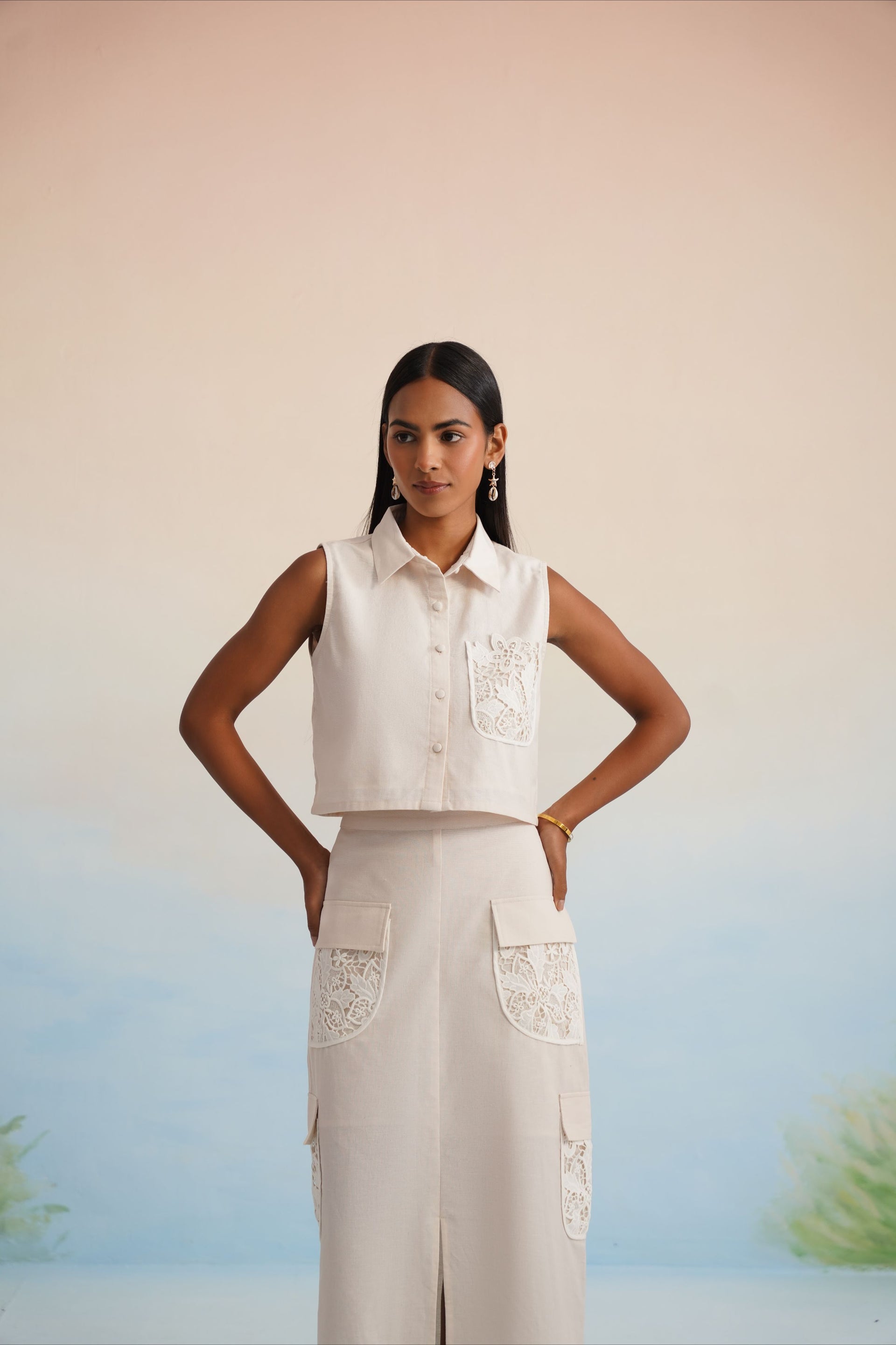 The Oasis Ivory Lace-Detailed Cargo Skirt Set