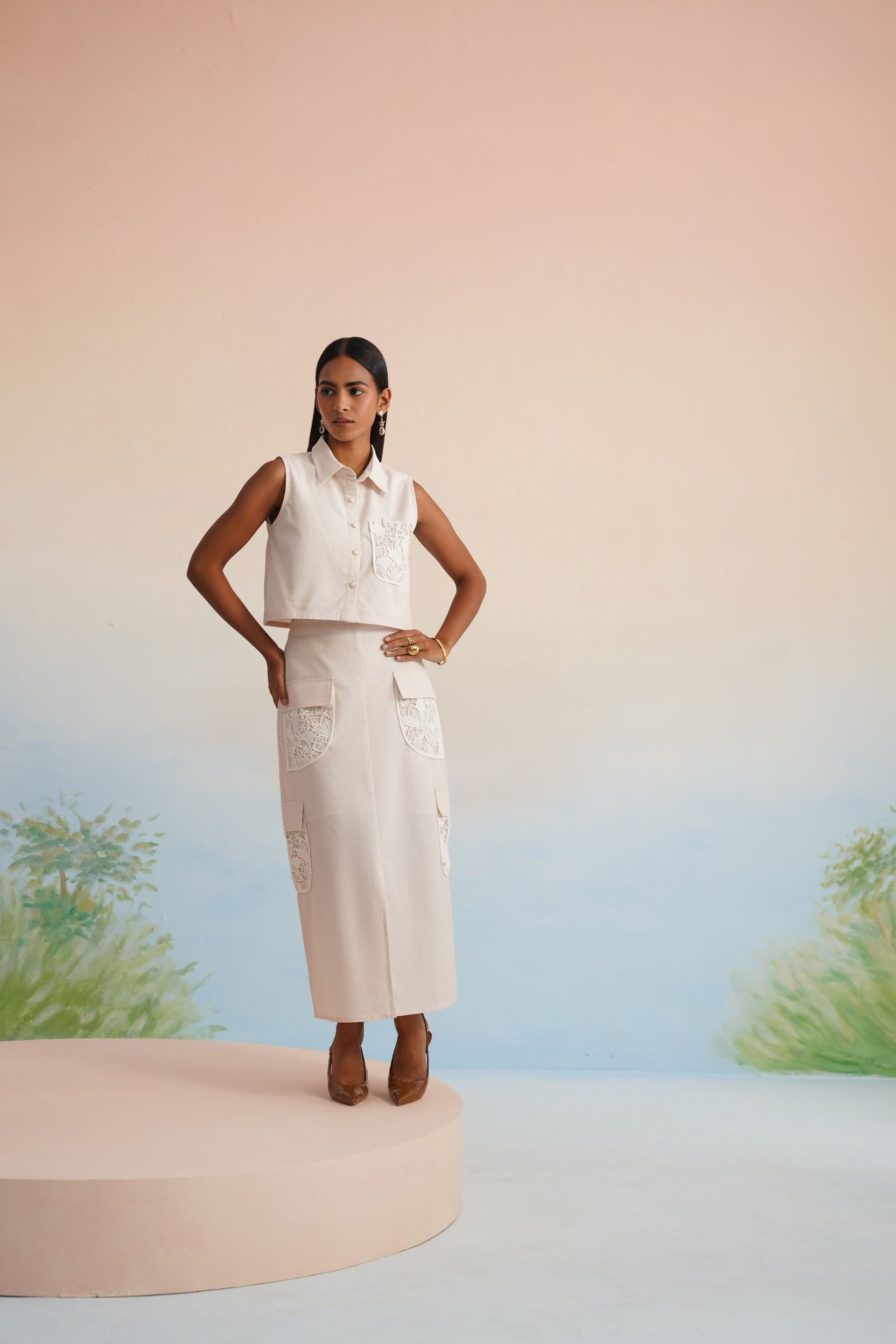 Bulevar Blossom - The Oasis Ivory Lace-Detailed Cargo Skirt Set
