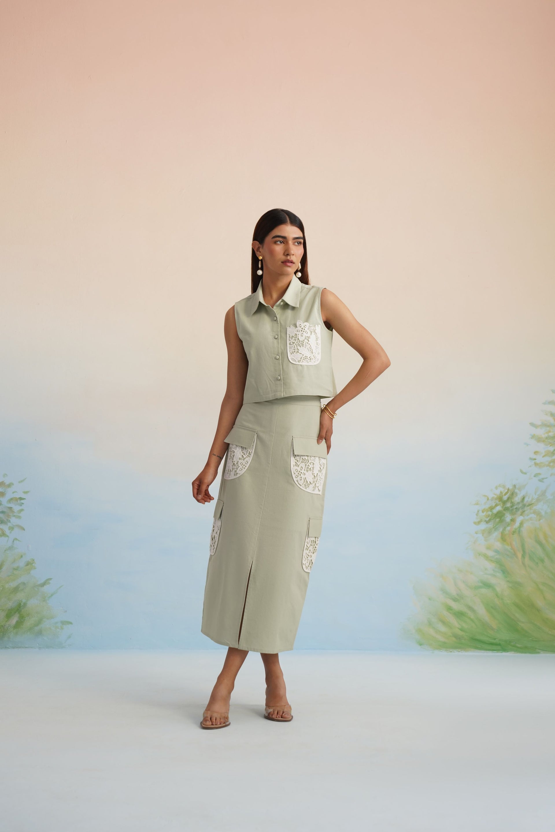 Bulevar Blossom - The Oasis Sage Green Lace-Detailed Cargo Skirt Set