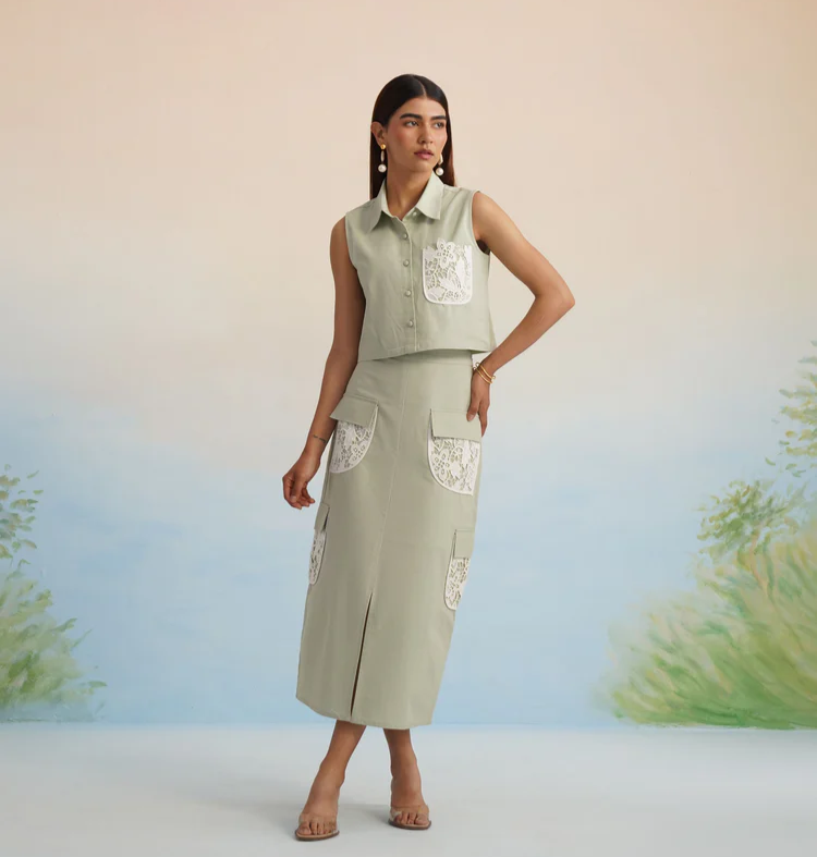 Bulevar Blossom - The Oasis Sage Green Lace-Detailed Cargo Skirt Set
