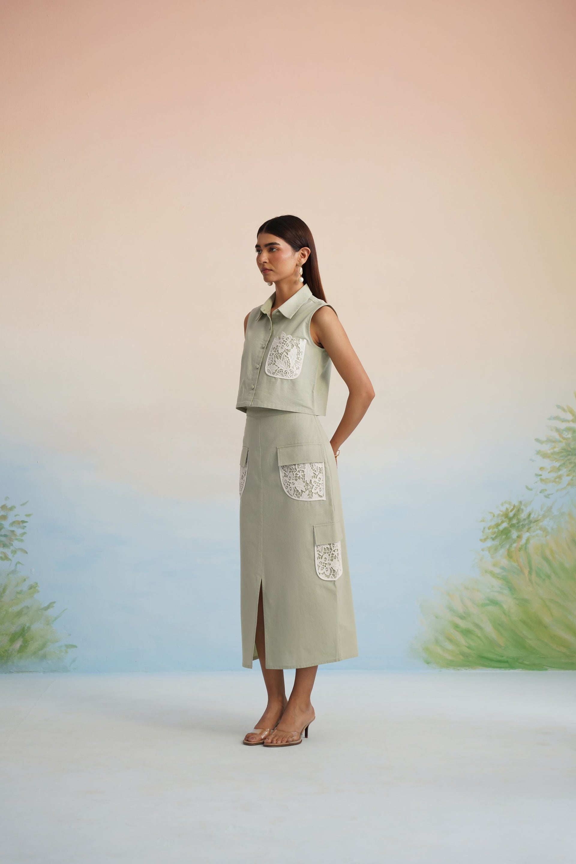 The Oasis Sage Green Lace-Detailed Cargo Skirt Set