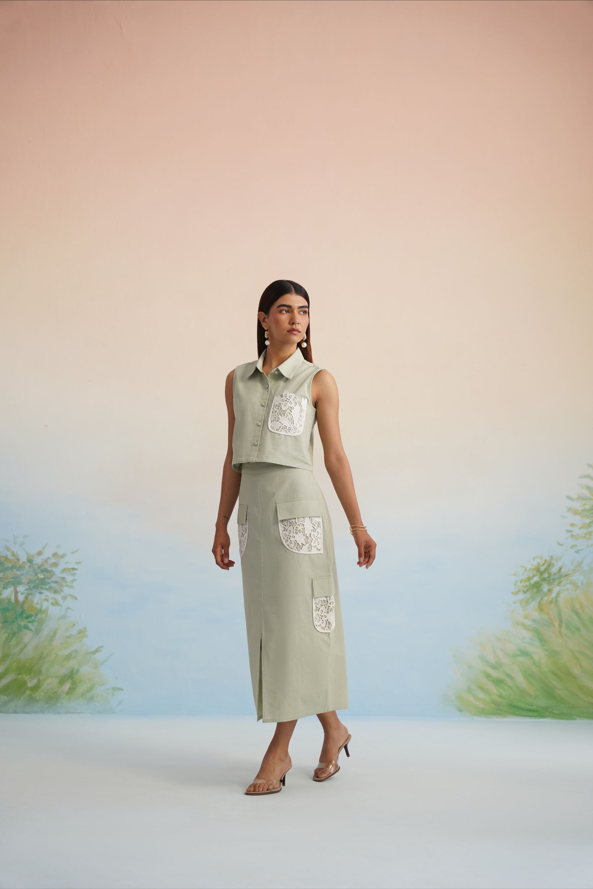 The Oasis Sage Green Lace-Detailed Cargo Skirt Set