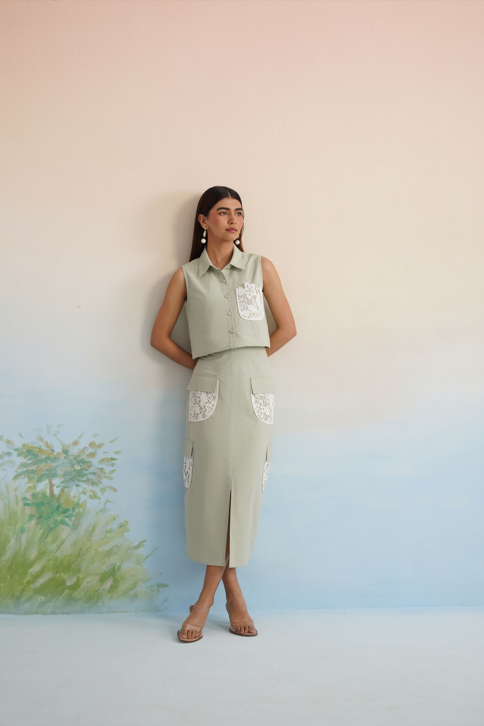 Bulevar Blossom - The Oasis Sage Green Lace-Detailed Cargo Skirt Set