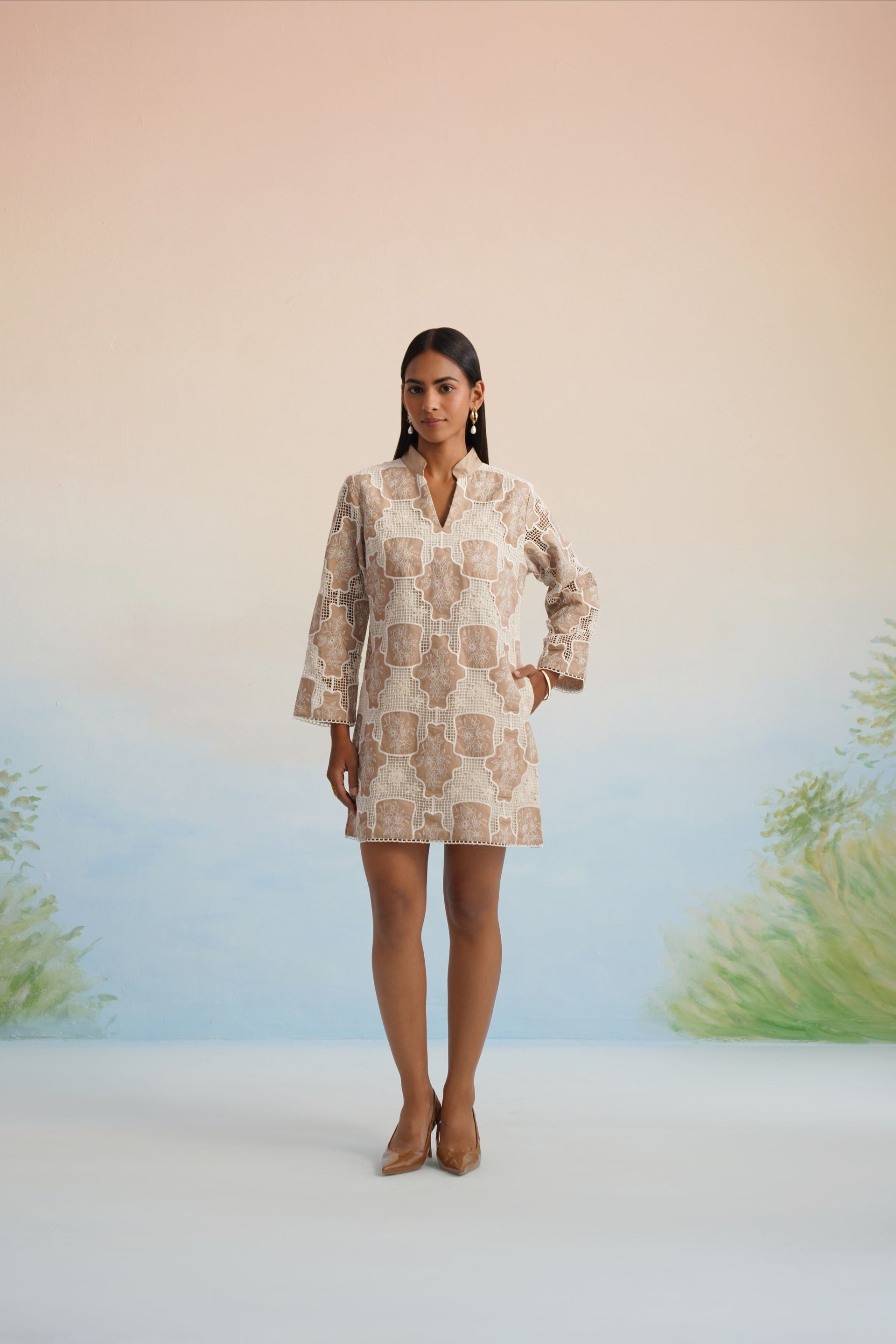 The Sahara Geometric Lace Shift Mini Dress