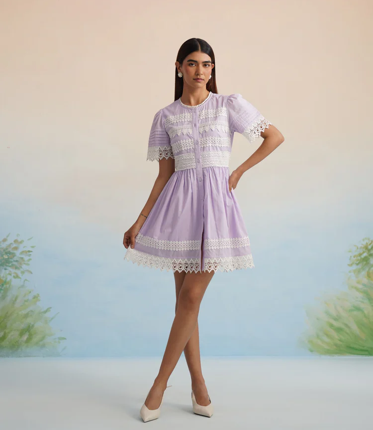 The Lilac Whisper Lace Button-Down Mini Dress