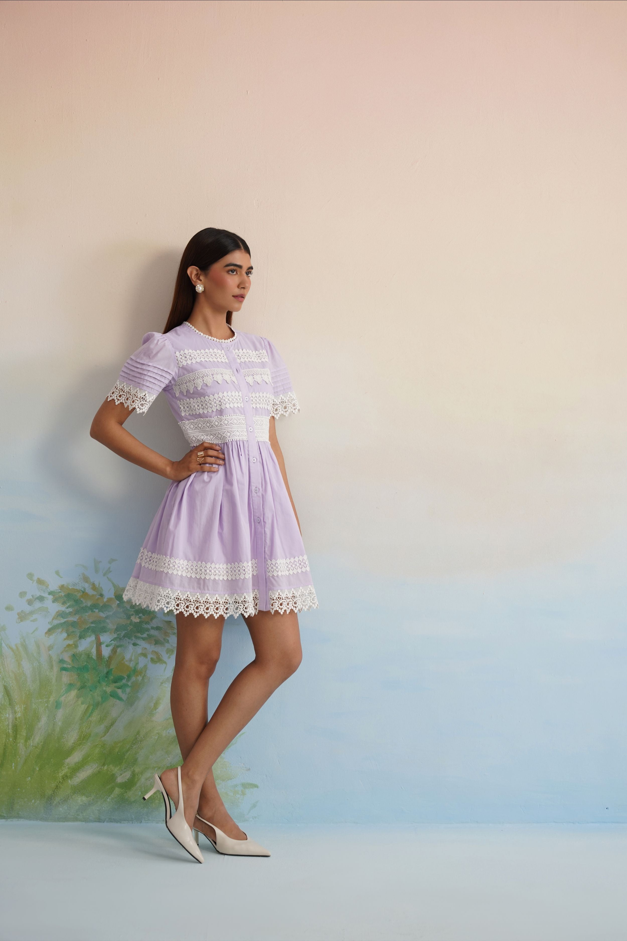 The Lilac Whisper Lace Button-Down Mini Dress