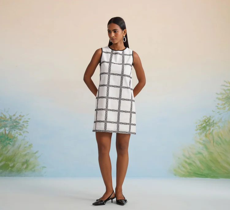 The Monochrome Grid Shift Mini Dress