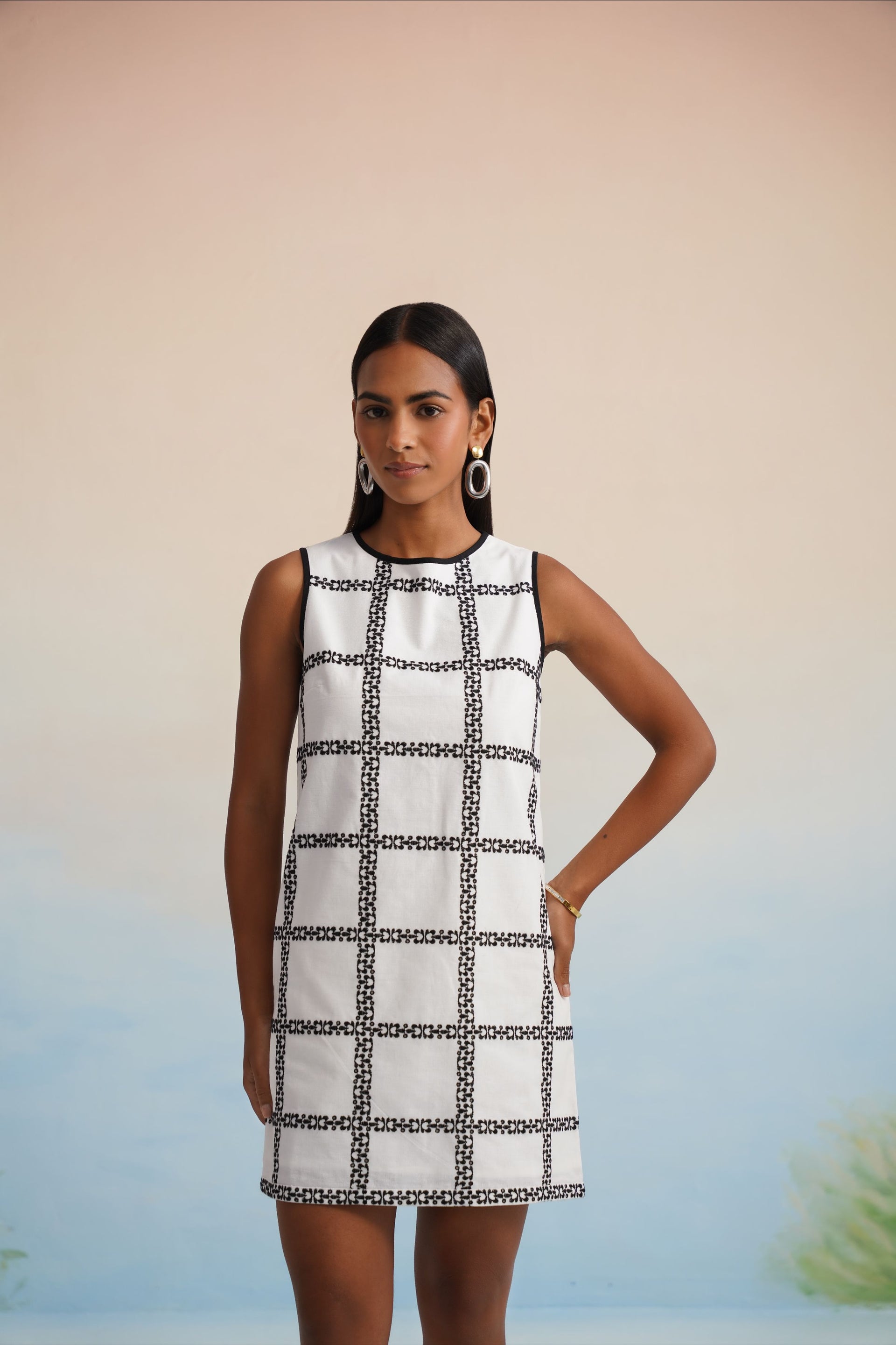 The Monochrome Grid Shift Mini Dress