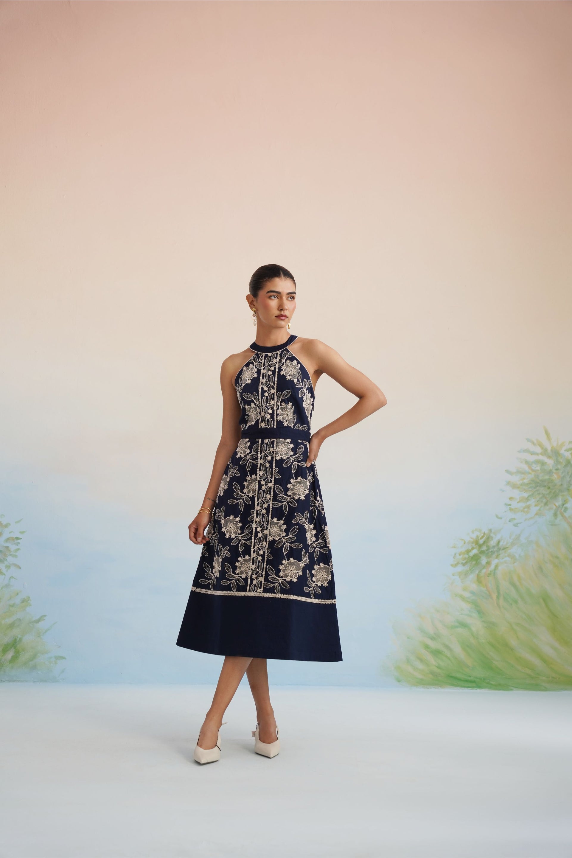 The Midnight Flora Halter Midi Dress