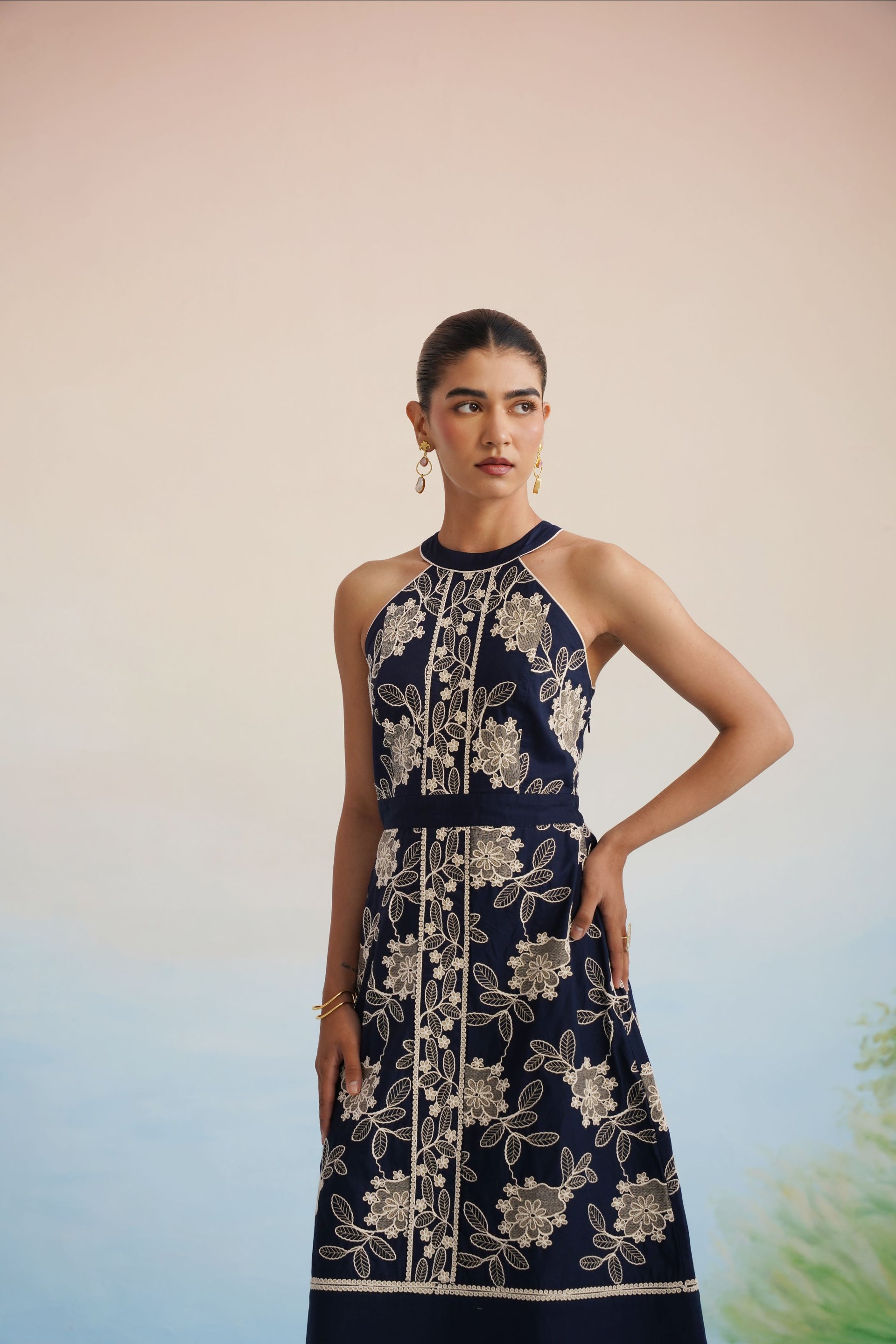 The Midnight Flora Halter Midi Dress