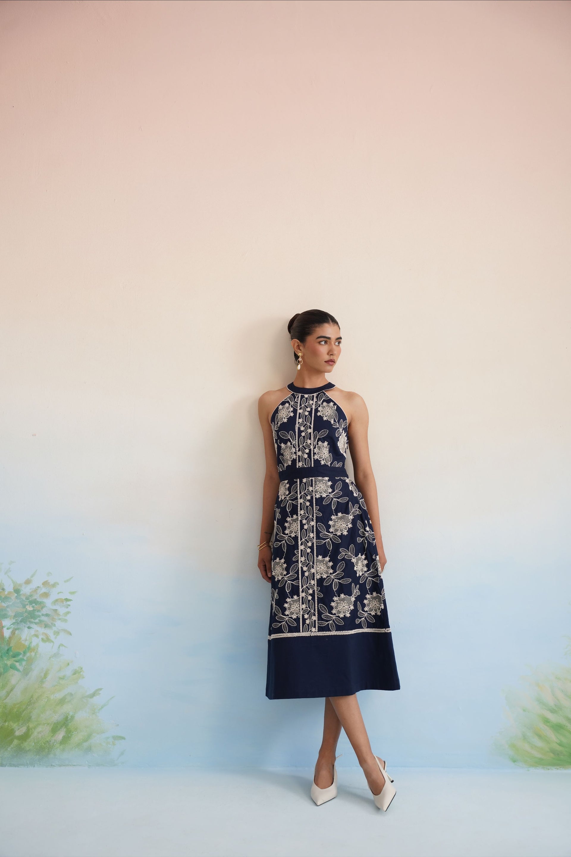 The Midnight Flora Halter Midi Dress