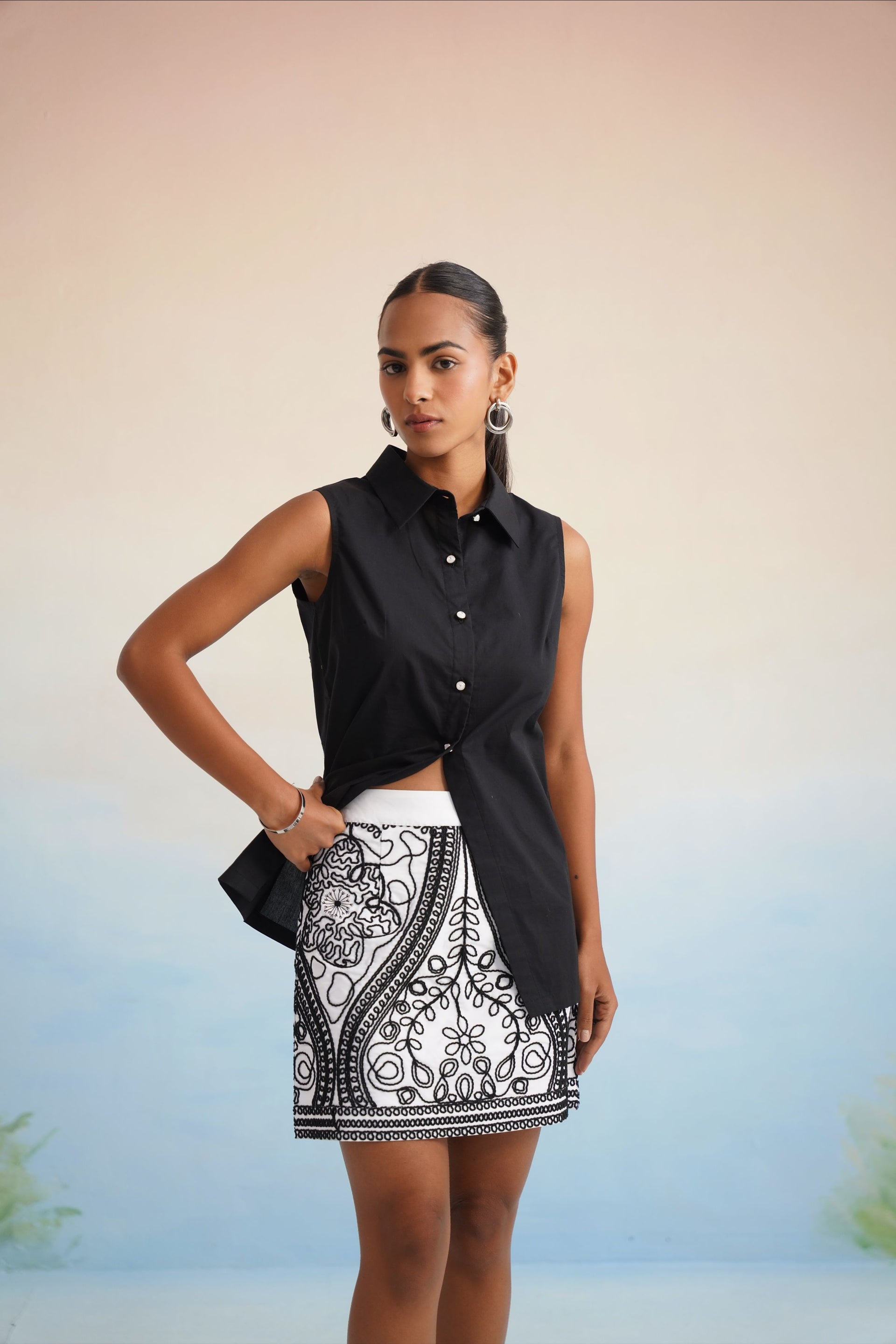 The Noir Medallion Embroidered Skirt Set