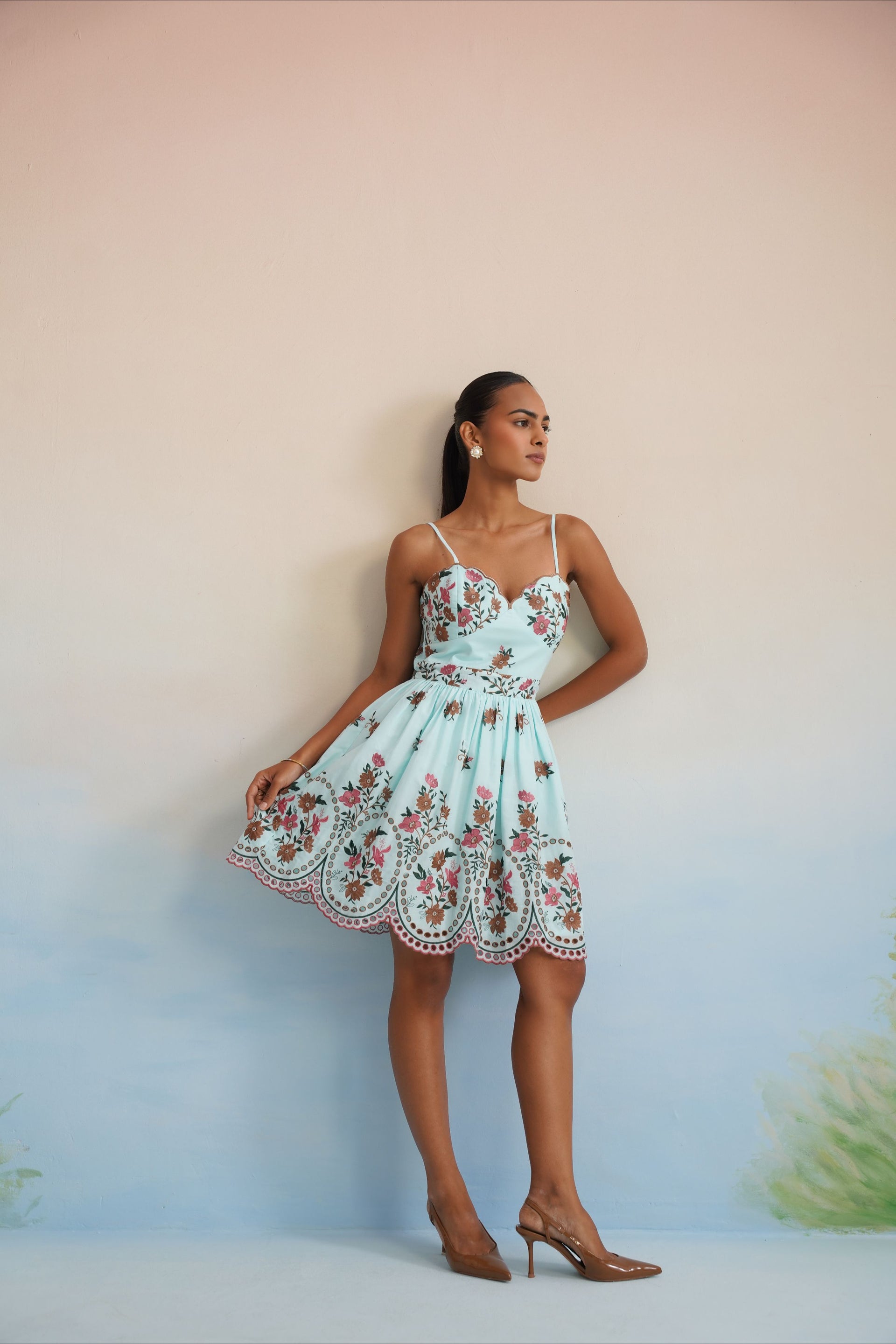 The Aqua Floral Embroidered Smocked Mini Dress