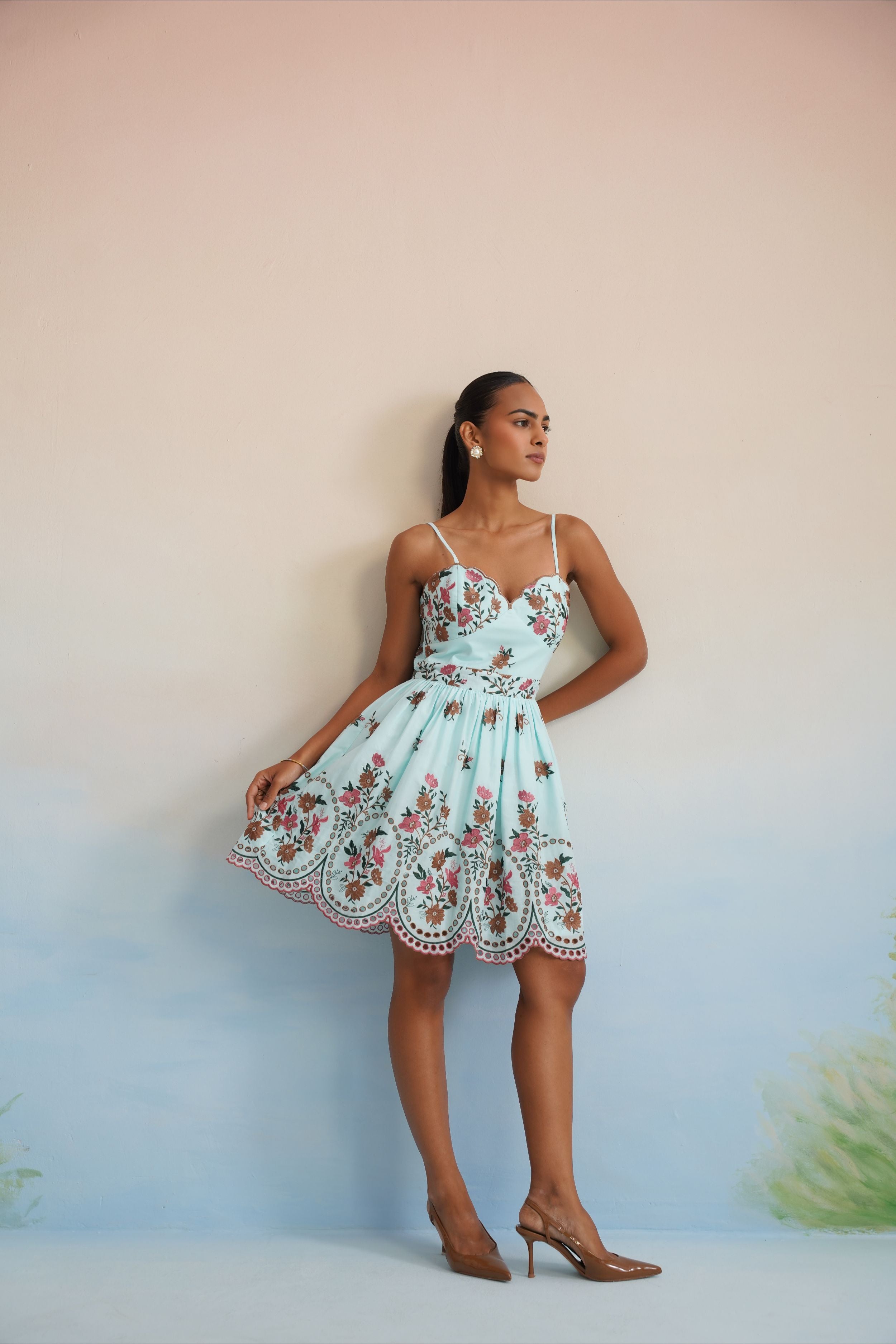 Bulevar Blossom - The Aqua Floral Embroidered Smocked Mini Dress